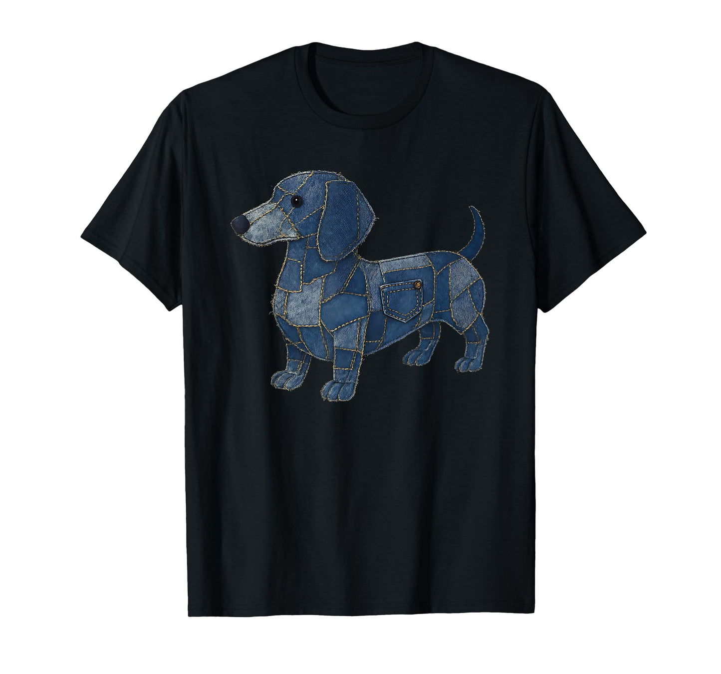 Dog Pattern Denim Patchwork Sausage Wiener Dachshund Tee T-Shirt