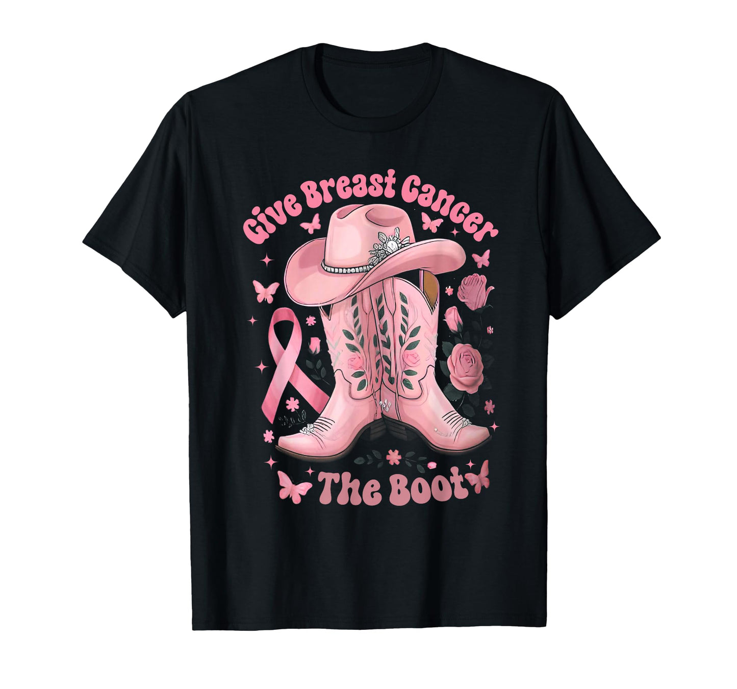Give Breast Cancer The Boot Pink Ribbon Western Cowboy Boots T-Shirt