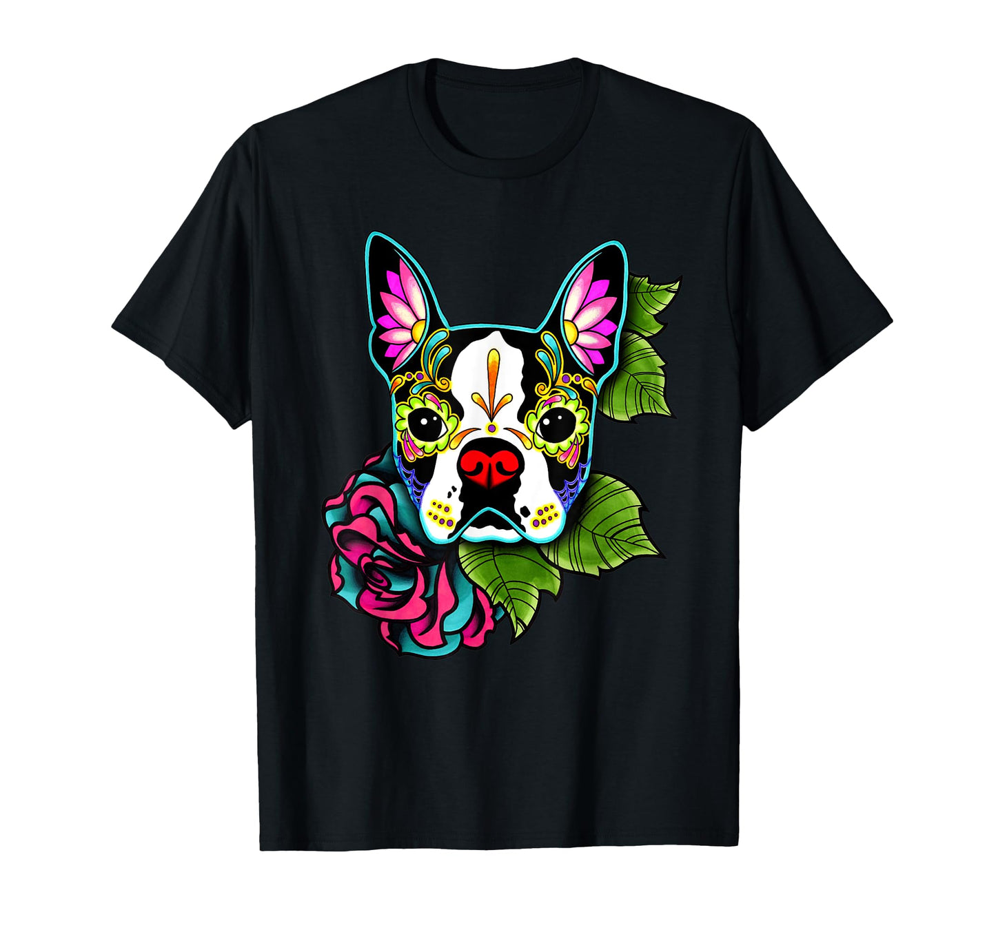 Boston Terrier in Black - Day of the Dead Sugar Skull Dog T-Shirt for Men Women Kids