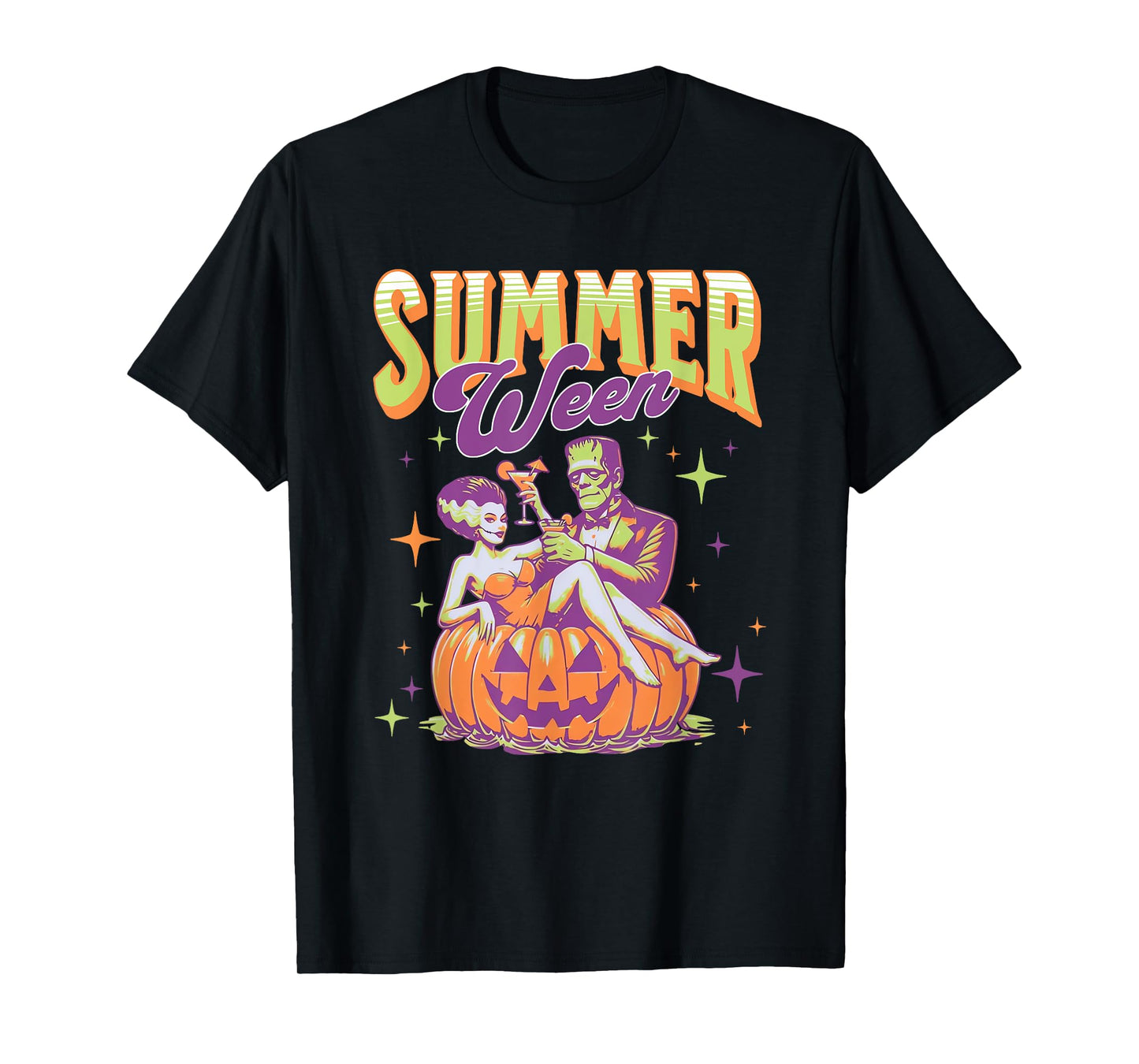 Retro Happy Summerween Funny Frankenstein Monster And Bride T-Shirt