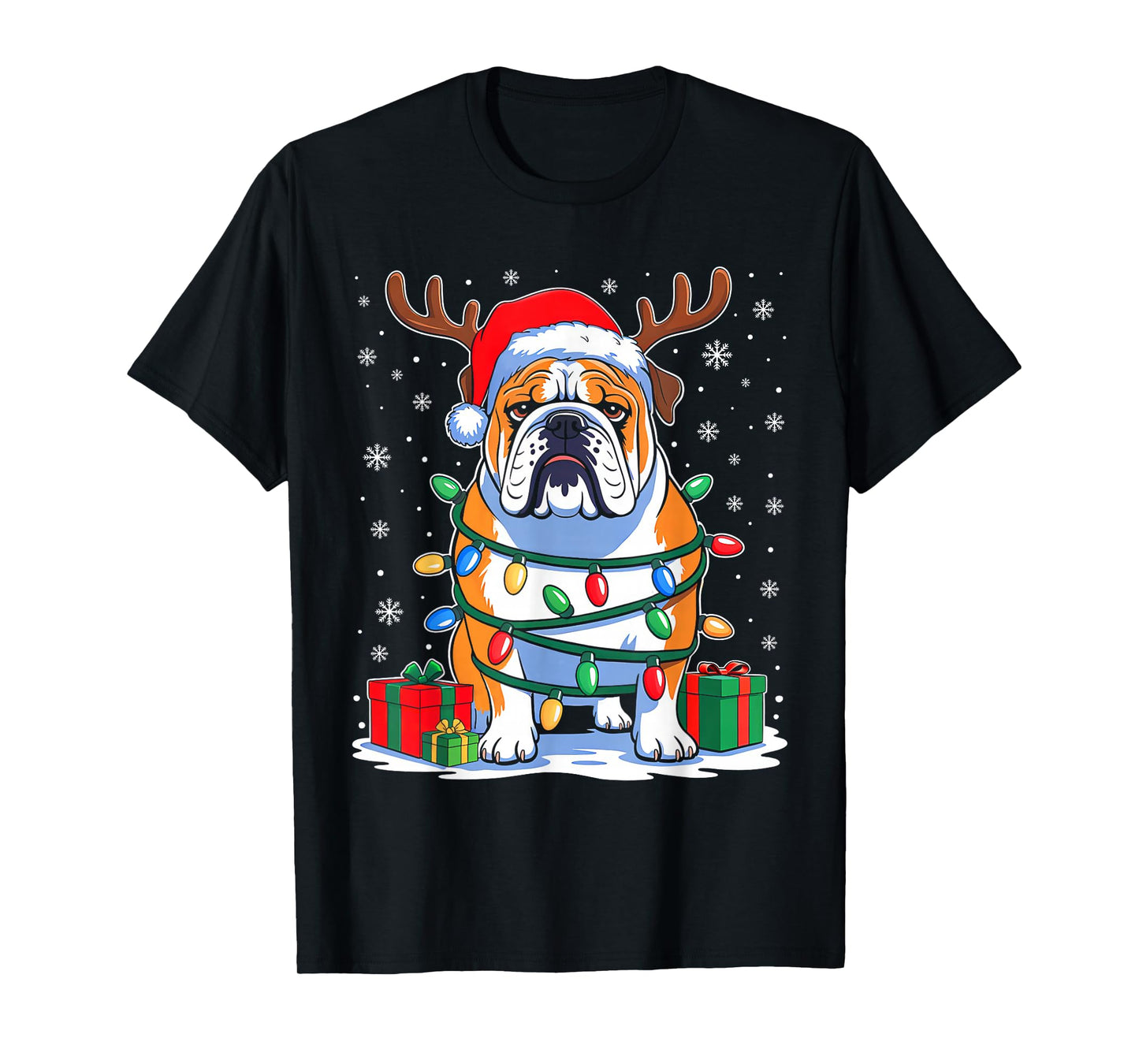 English Bulldog Dog Christmas Lights Santa Hat Xmas Pajamas T-Shirt