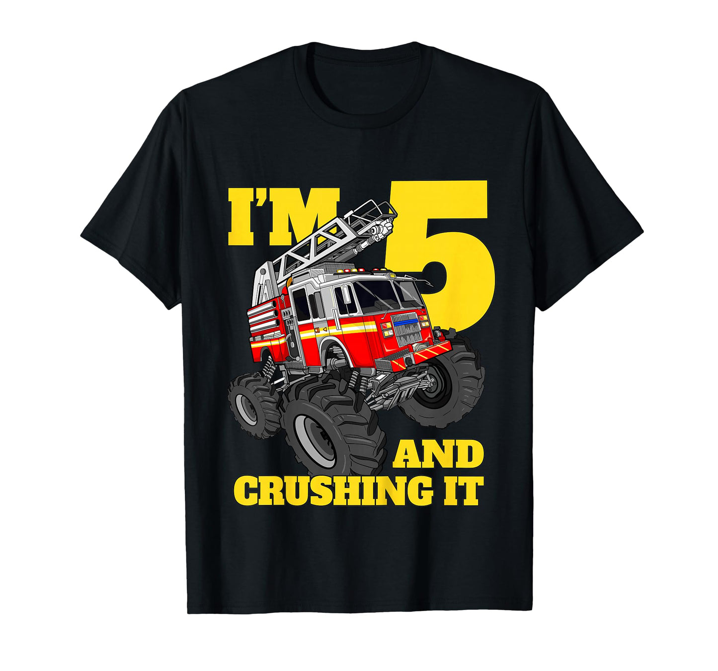 Kids Monster Fire Truck 5th Birthday Boy 5 Five Firefighter T-Shirt