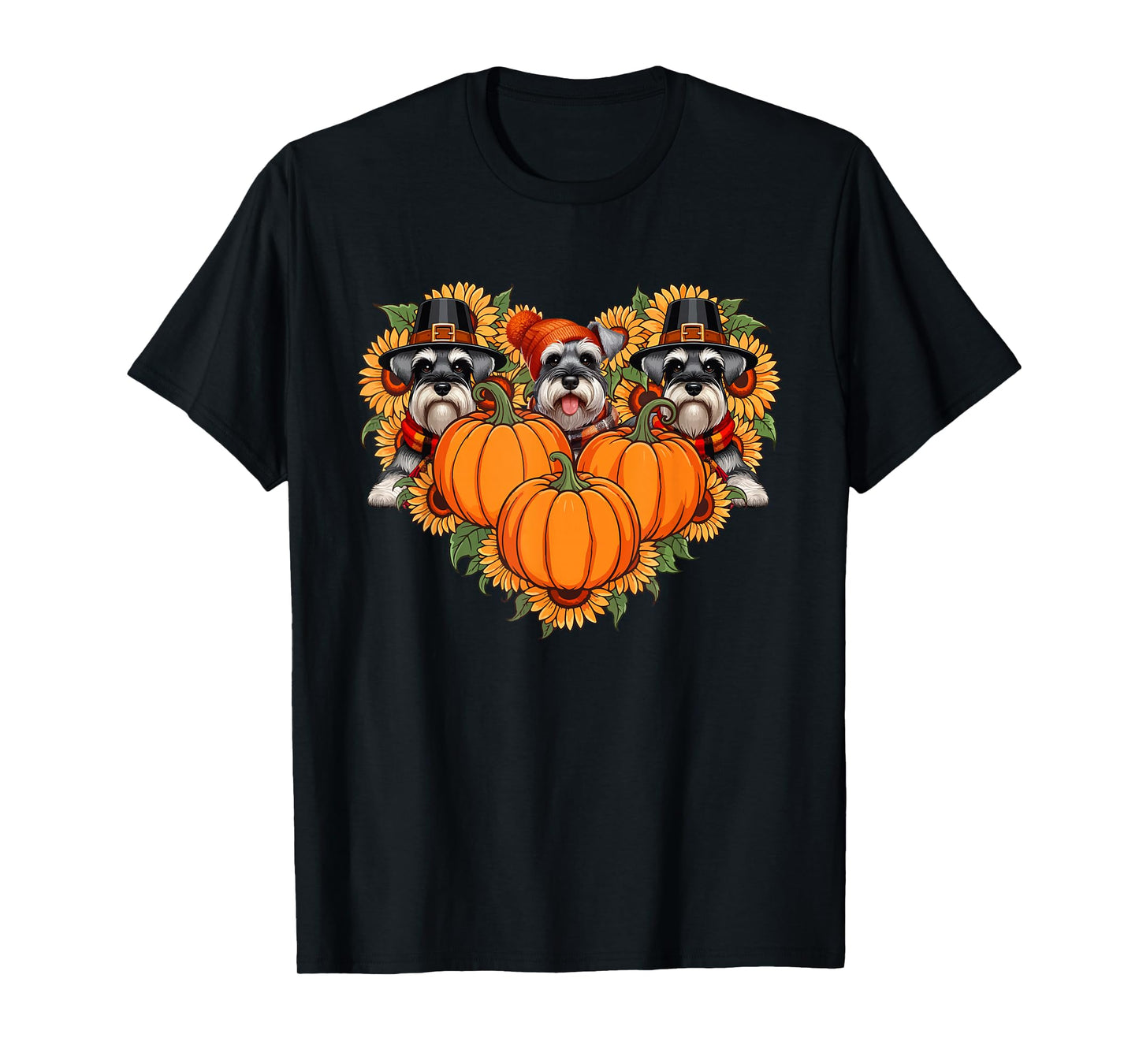 Three Cute Schnauzers Thanksgiving Pilgrim Fall Sunflowers T-Shirt