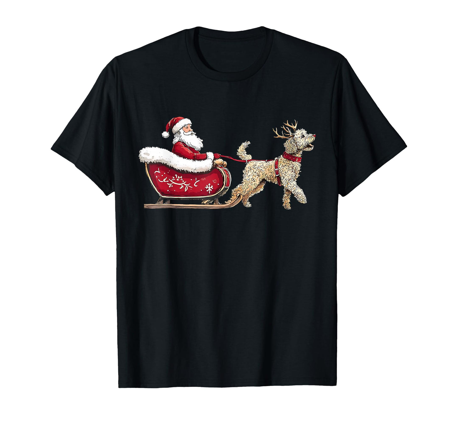 Funny Santa Claus Goldendoodle Reindeer Sleigh Christmas T-Shirt
