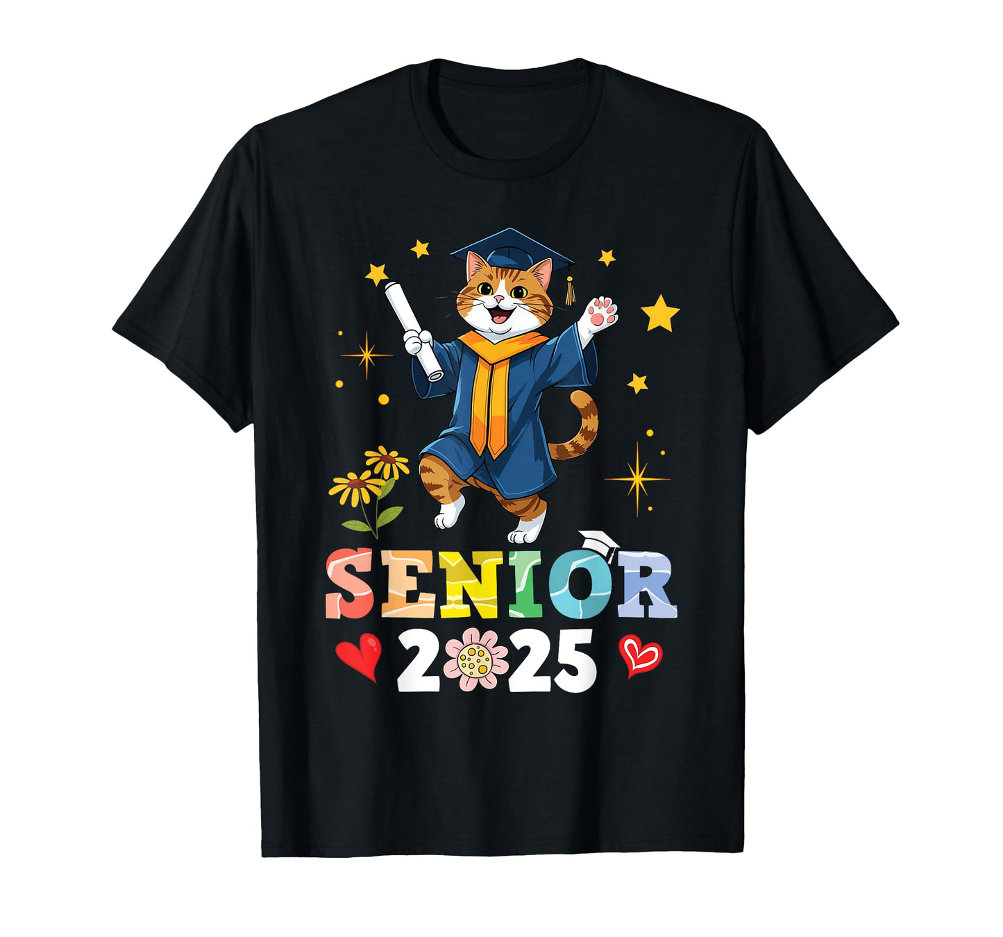 Cute Cat Senior 2025 Graduation School College University T-Shirt for Men Women Kids
