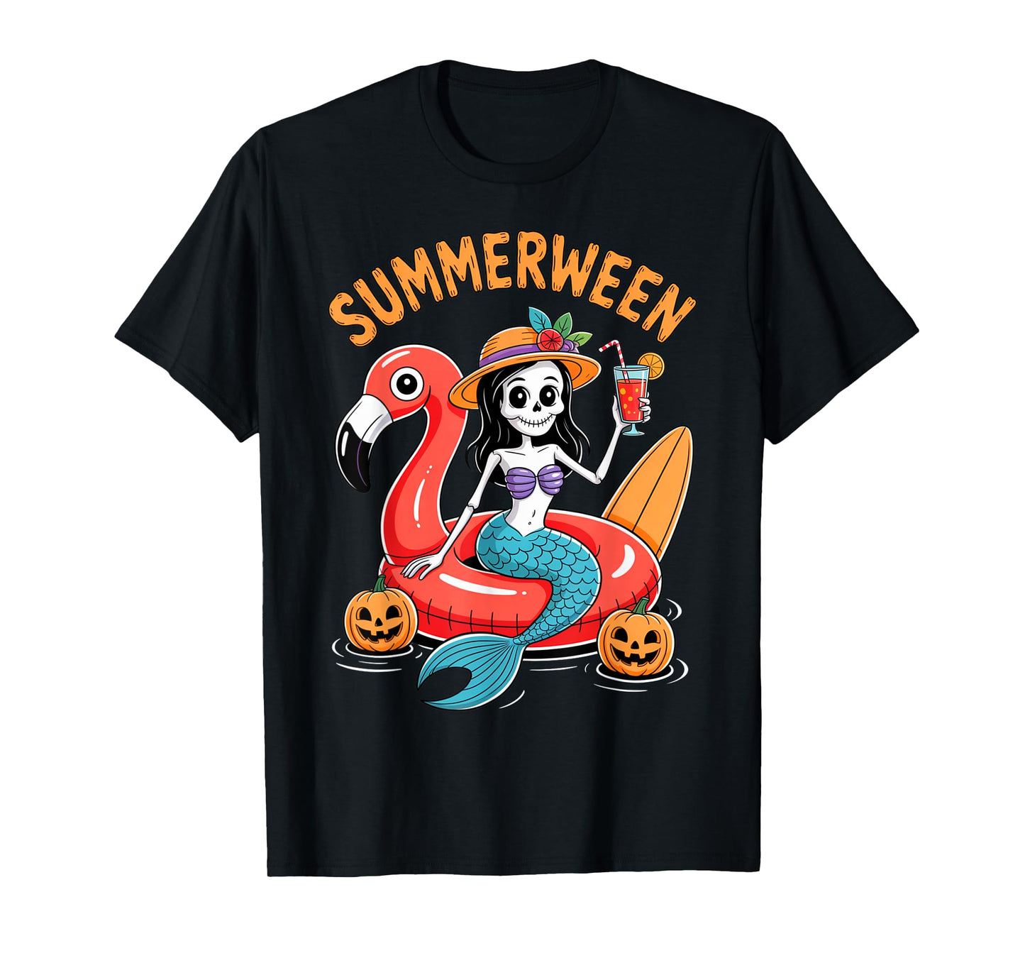 Summerween Mermaid Skeleton Beach Flamingo Halloween Girl T-Shirt