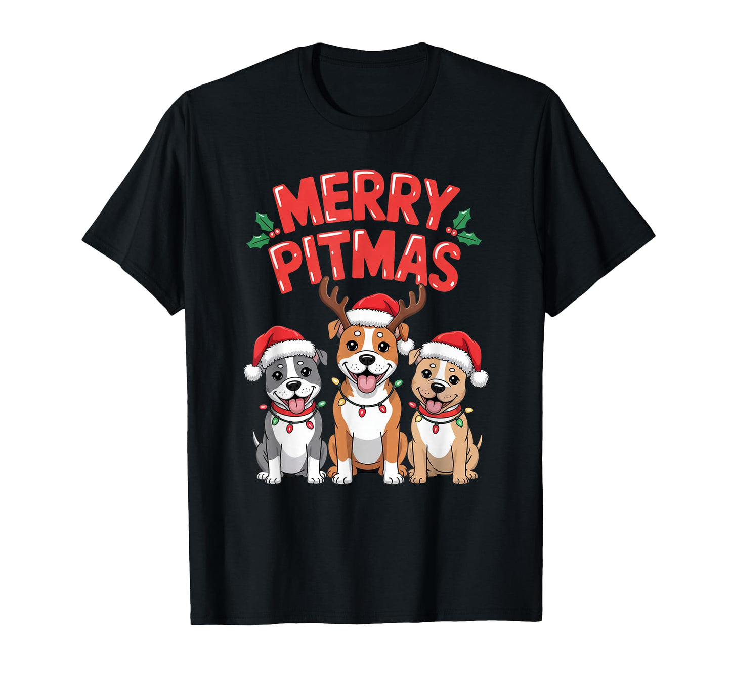 Merry Pitmas Funny Christmas Pitbull Dog Lights Santa Hat T-Shirt
