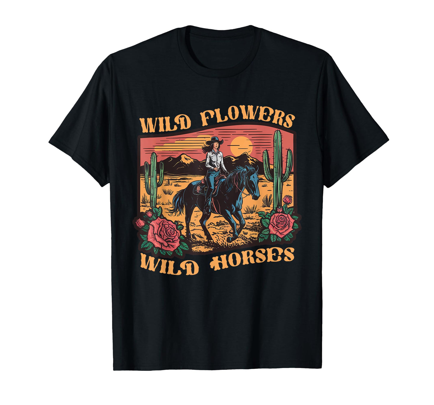 Vintage Sunset Cowgirl Riding Horse Wildflowers Women Girls T-Shirt