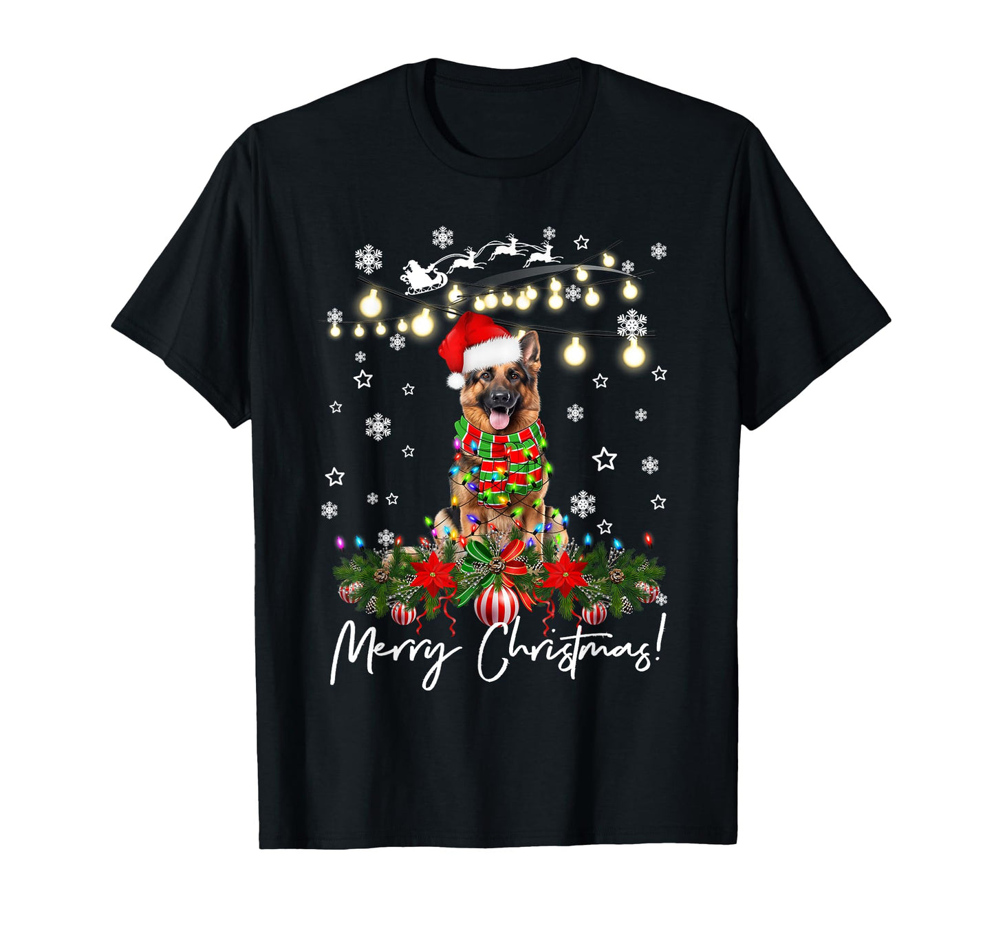 German shepherd Merry Christmas Lights Santa Hat T-Shirt