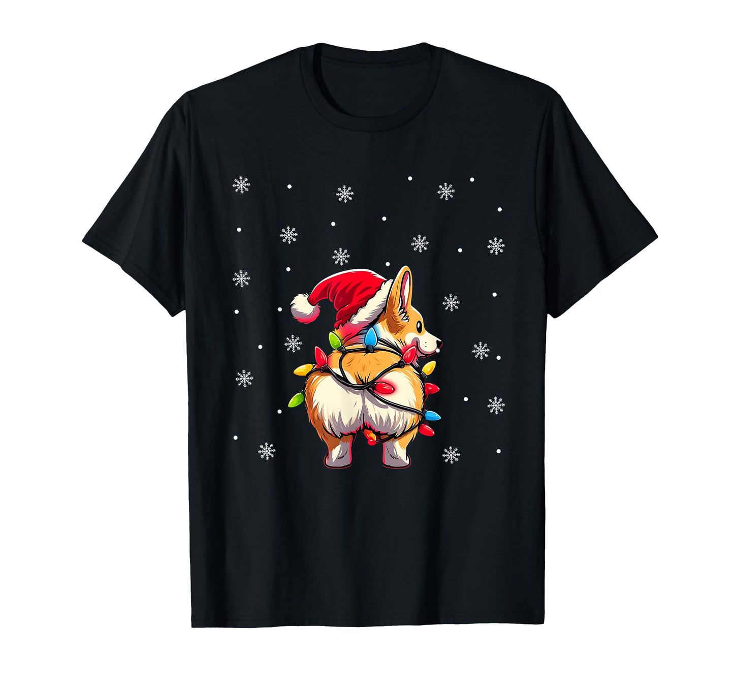 Corgi Butt Funny Santa Hat Christmas Snowflakes Lights T-Shirt