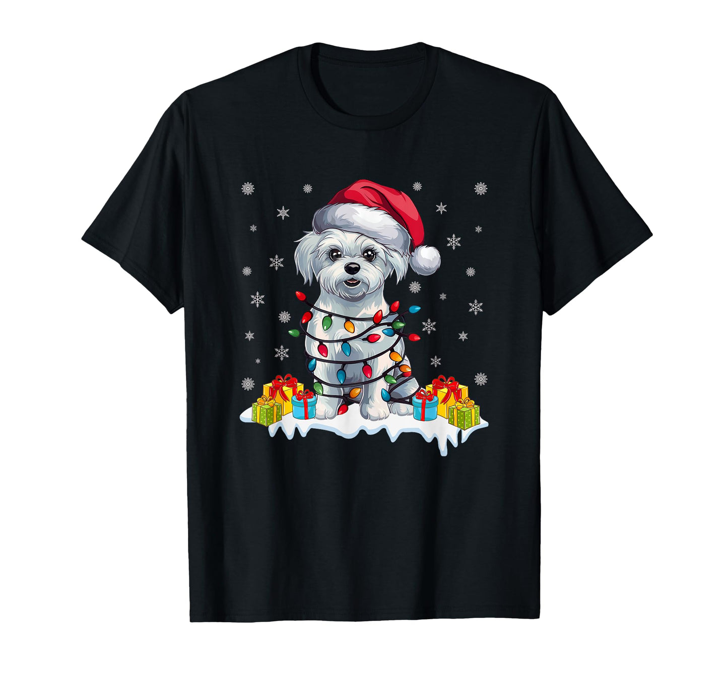 Xmas Lighting Maltese Dog Wearing Santa Hat Ugly Christmas T-Shirt