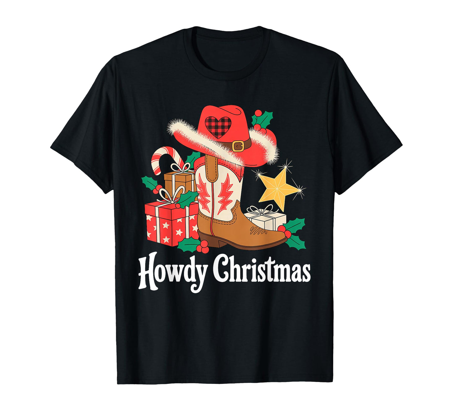 Howdy Christmas Xmas Cowboy Boots Western Men Women Kids T-Shirt