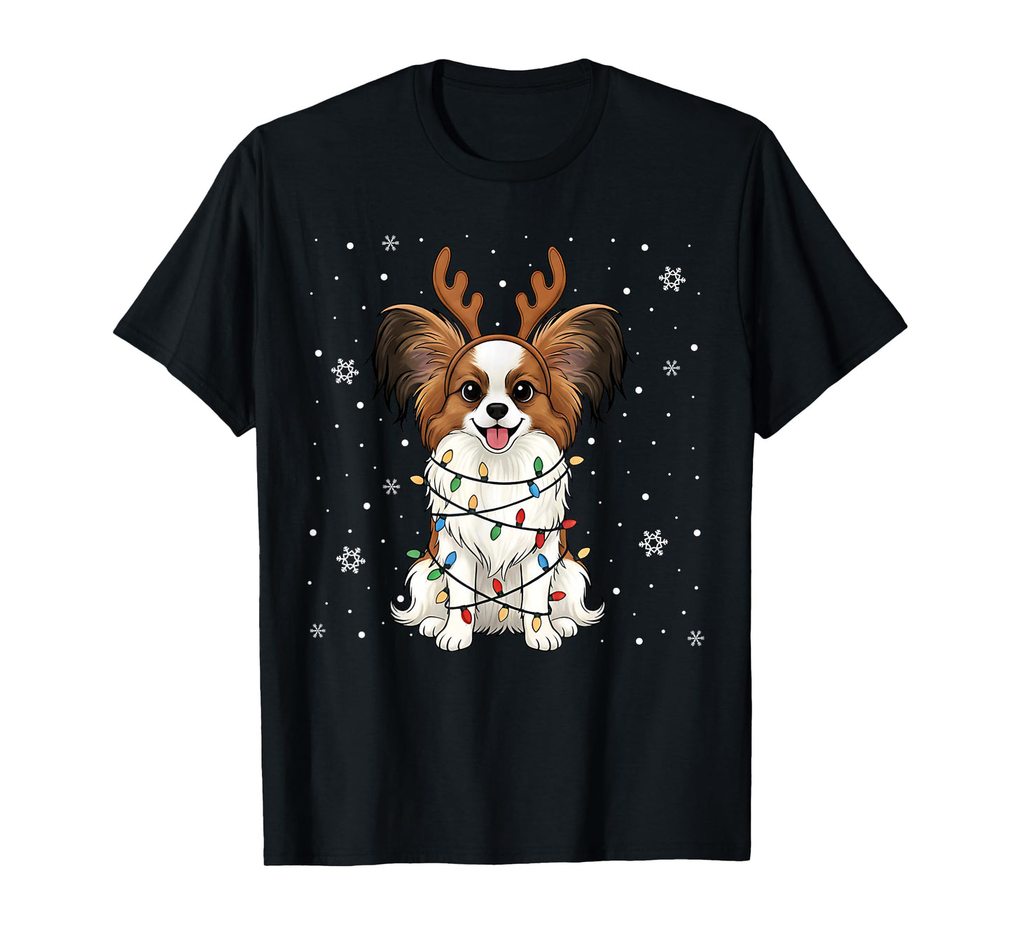 Papillon Dog Christmas Lights Reindeer Funny Xmas Dog Pajama T-Shirt
