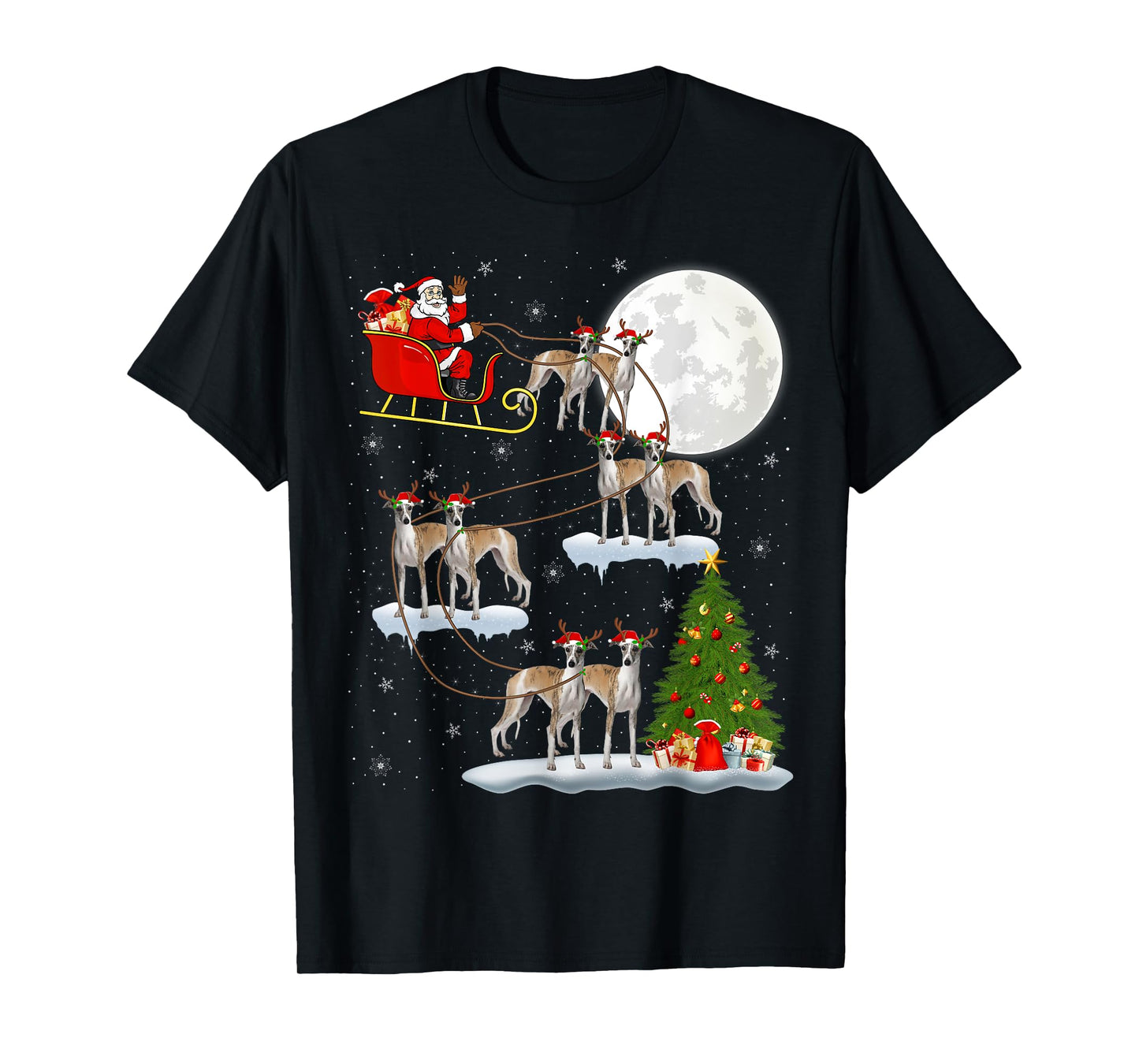 Xmas Tree Lights Funny Santa Riding Whippet Dog Christmas T-Shirt
