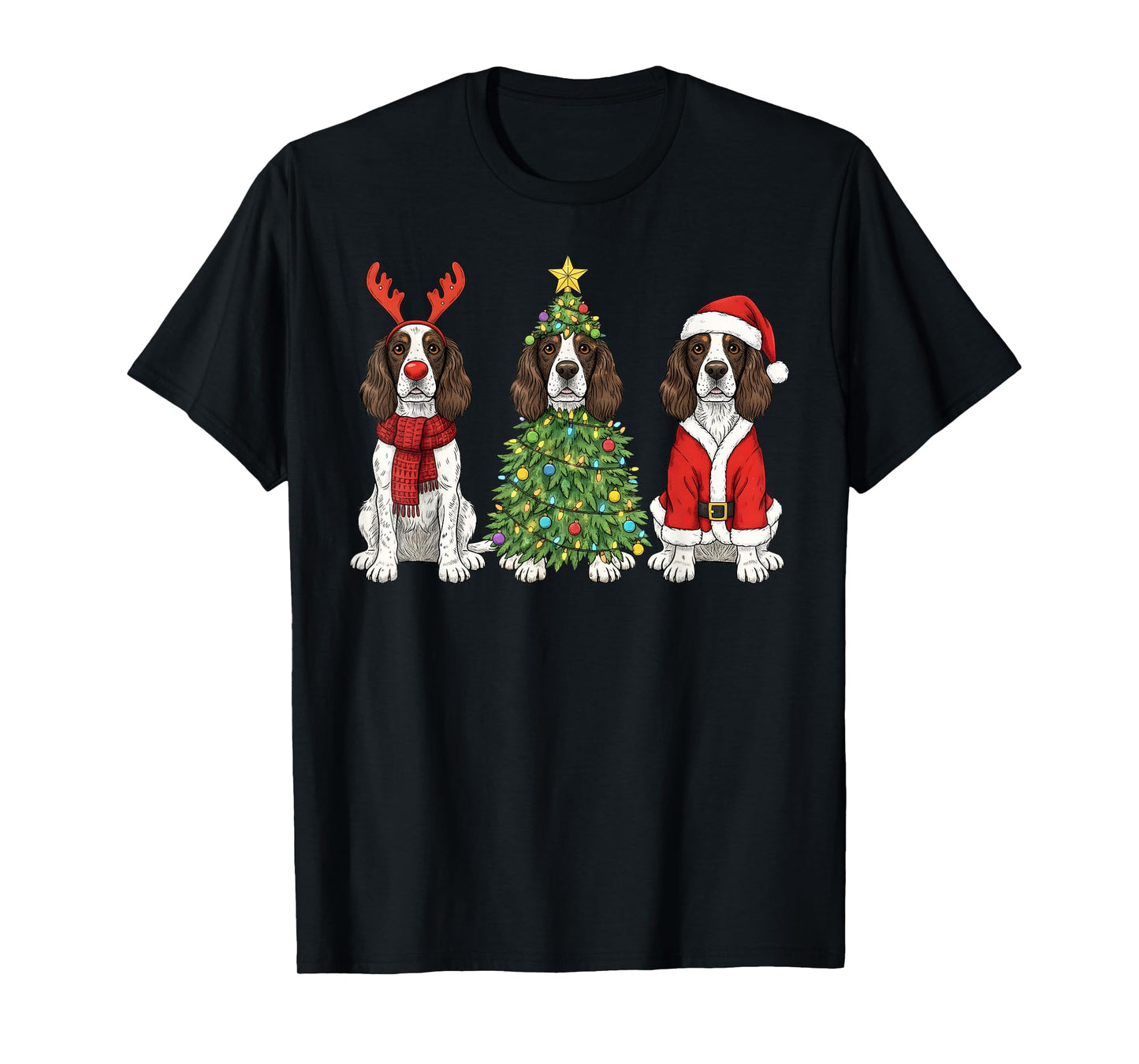 Retro Christmas English Springer Spaniel Santa Reindeer Dog T-Shirt