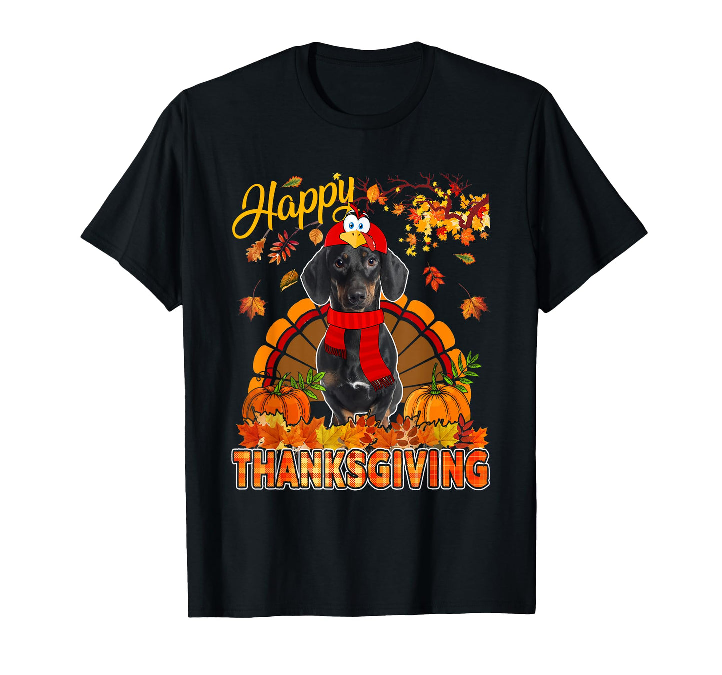 Thanksgiving Dachshund Wearing Turkey Costume Fall Leaves T-Shirt
