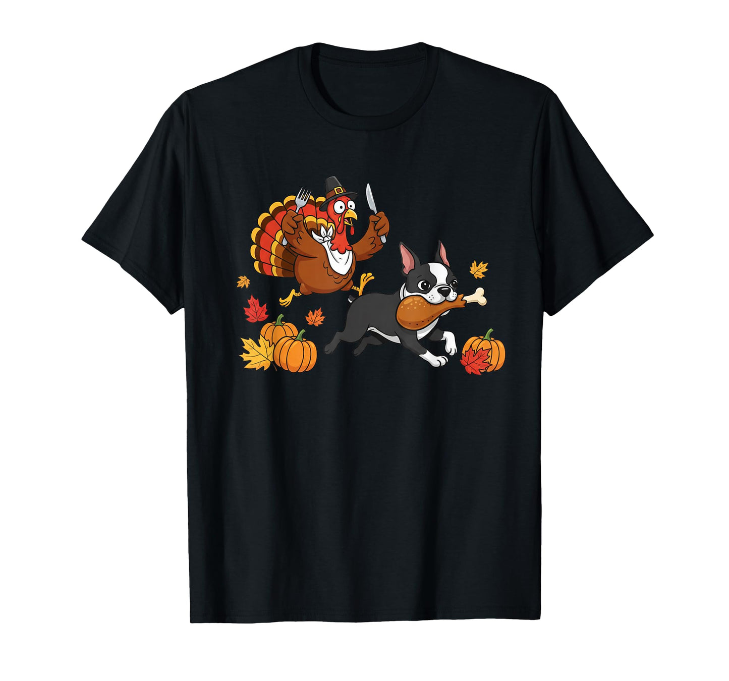 Boston Terrier Turkey Autumn Thanksgiving Womens Mens Kids T-Shirt