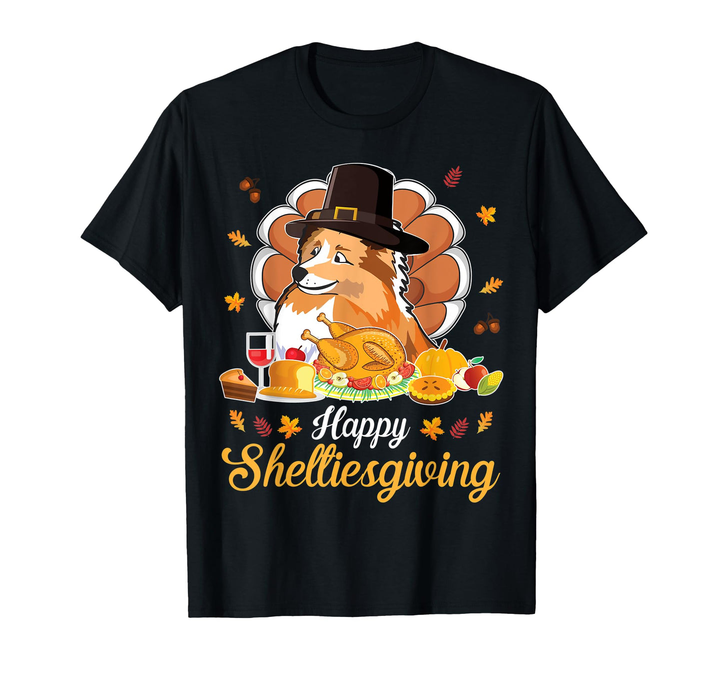 Sheltie Pilgrim & Turkey Dish Wine Happy Thanksgiving Shirt