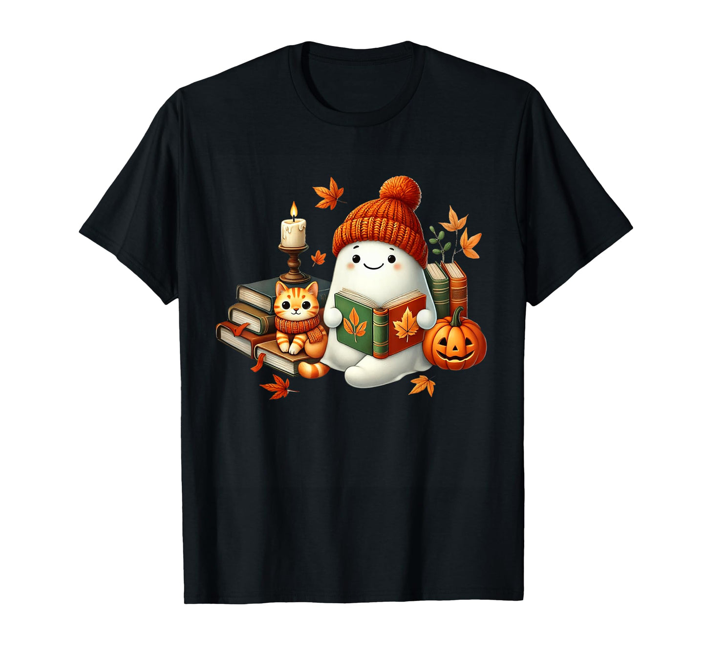 Cute Bookworm Ghost with Cat Trick or Treat Halloween Funny T-Shirt