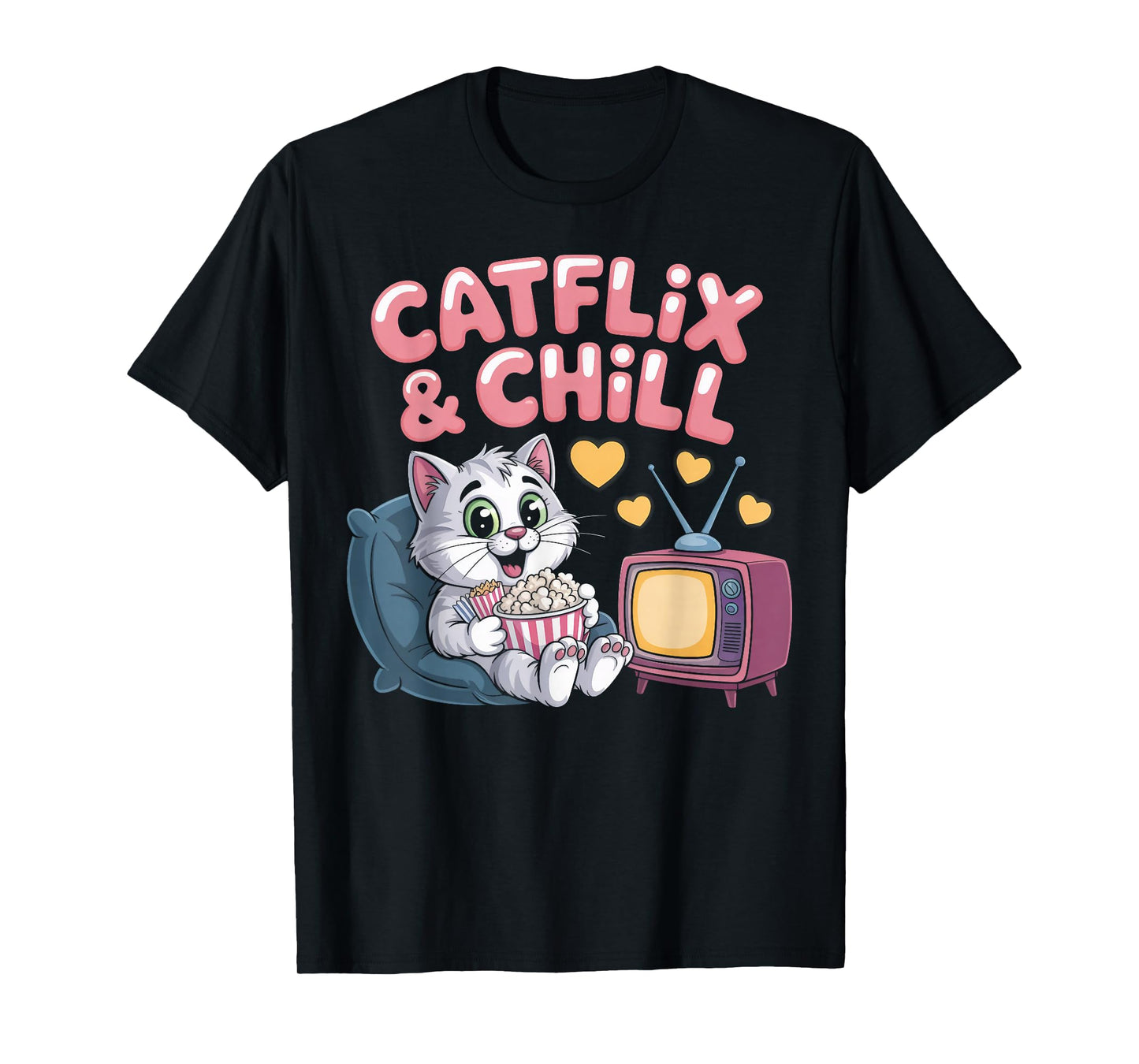 Catflix & Chill Cozy Cat Cartoon Relaxing Kitty Kawaii Art T-Shirt