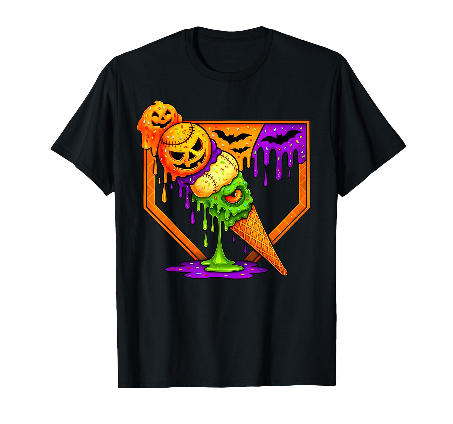 Baseball Ice Cream Cone Drip Home Plate Dripping Halloween T-Shirt