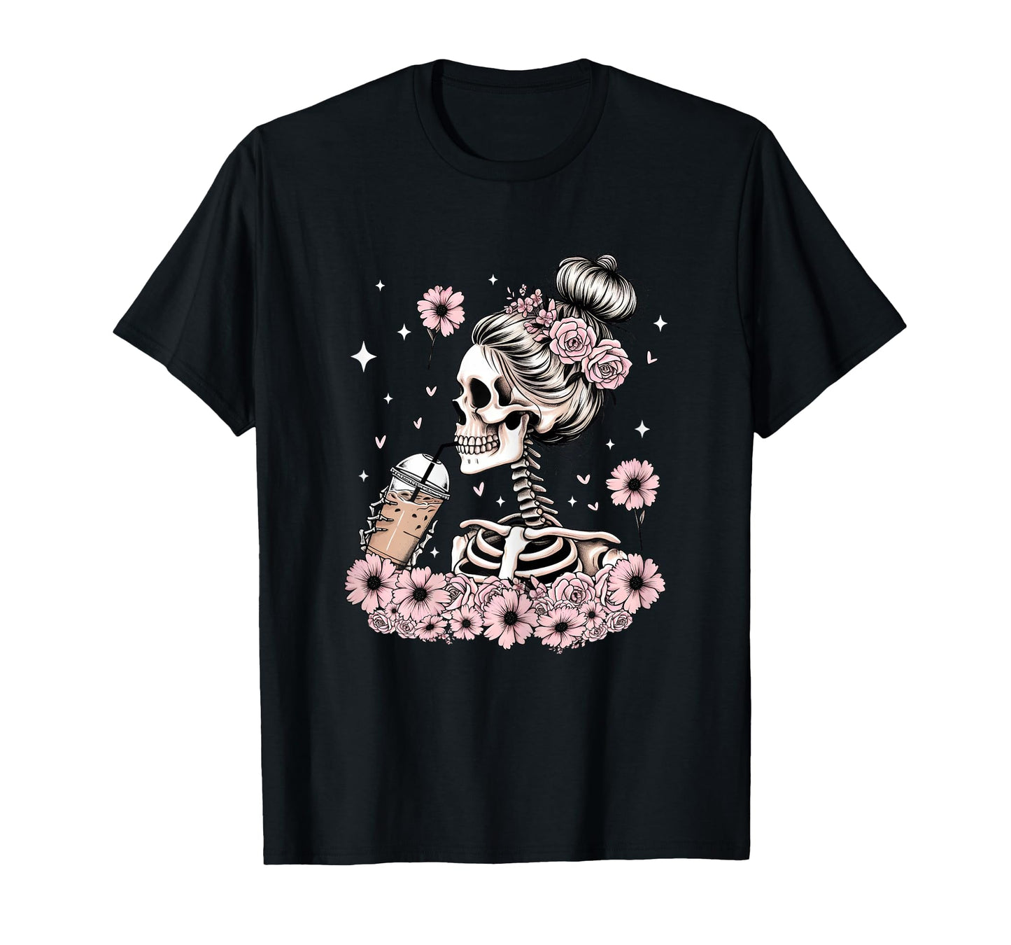 Halloween Skeleton Messy Bun Coffee Funny Costume Mom Women T-Shirt