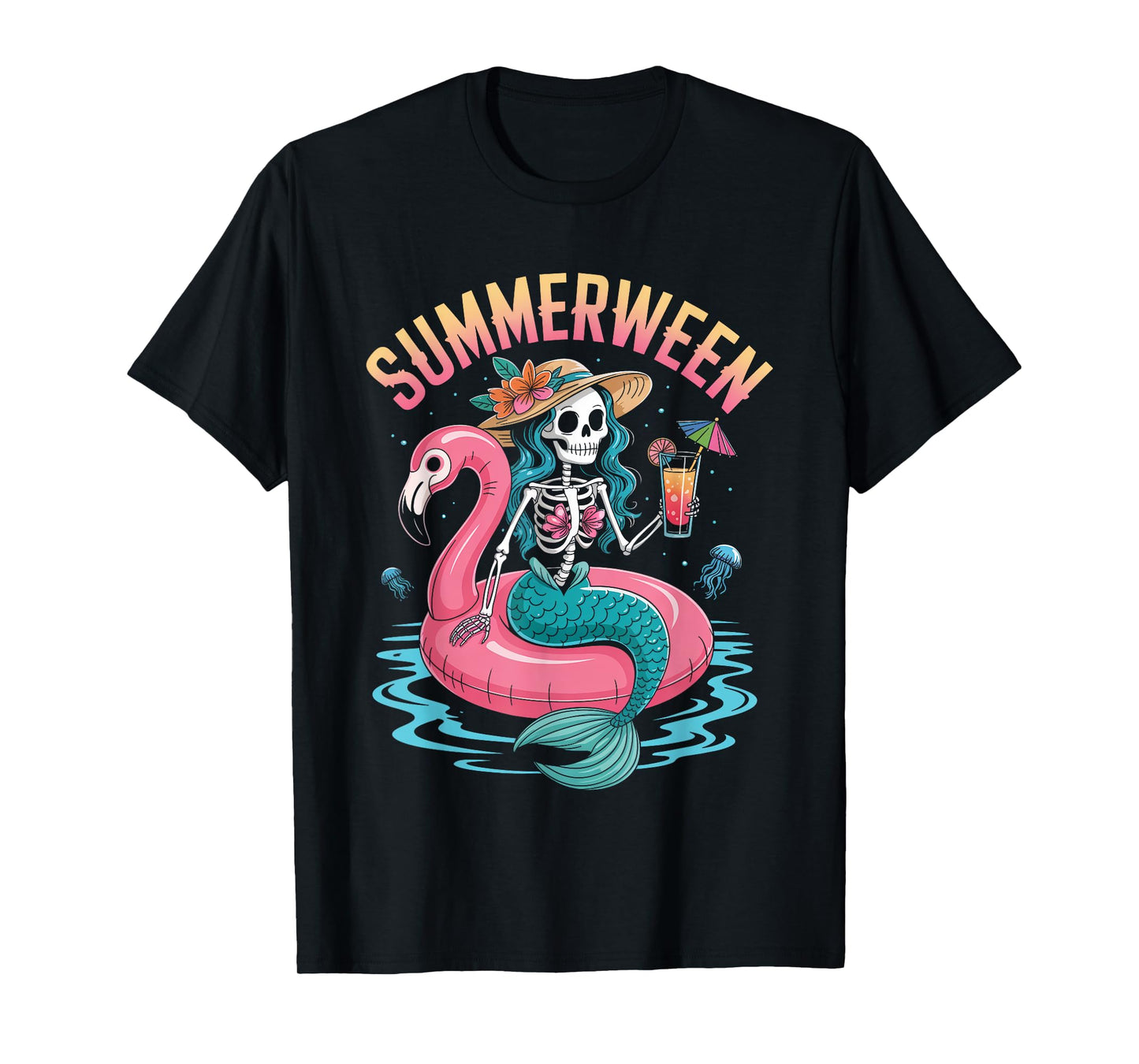 Summerween Mermaid Skeleton Beach Flamingo Halloween Girl T-Shirt