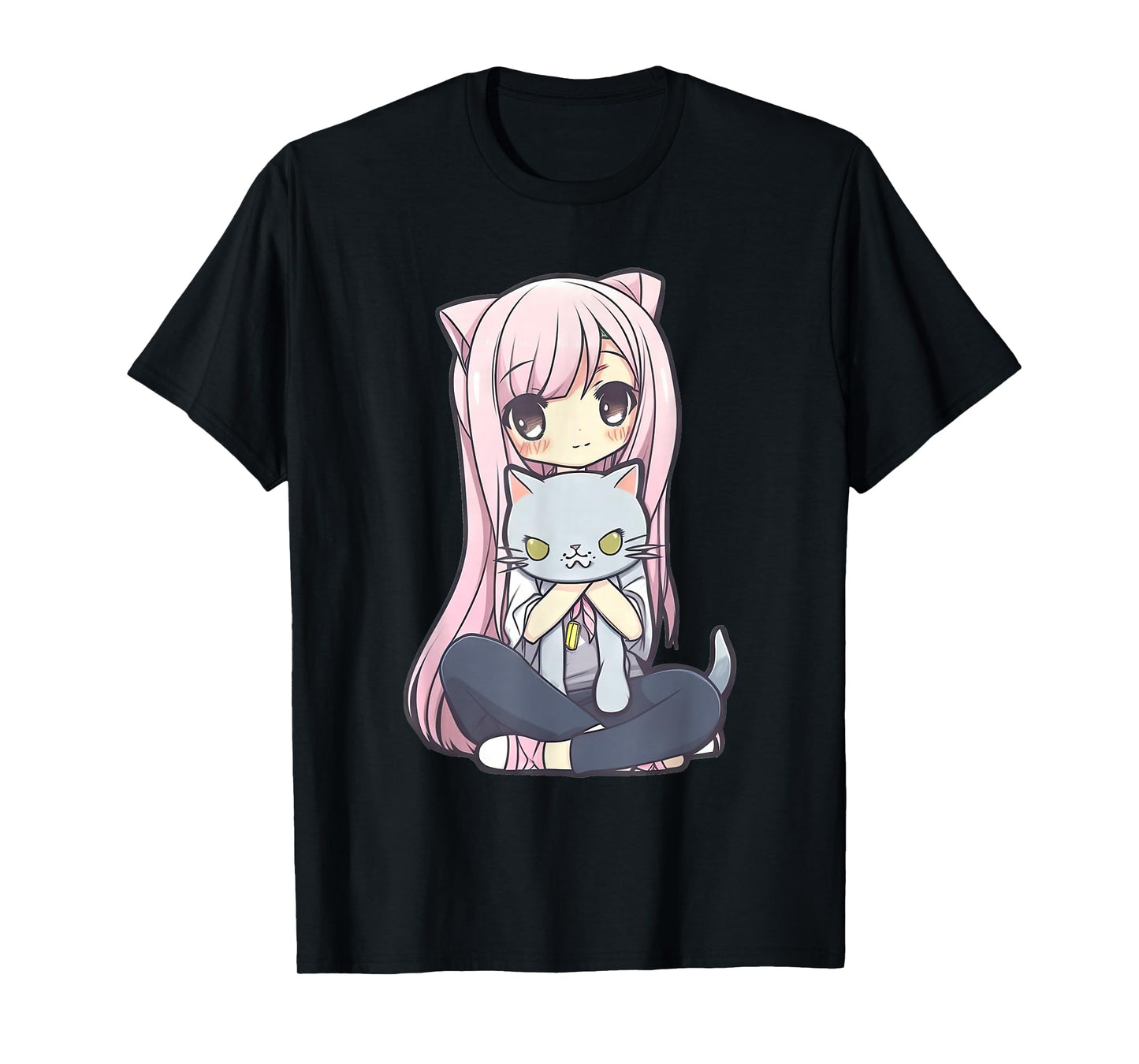 Anime and Cats Kawaii Cute Teen Otaku Girl with Cat T-Shirt