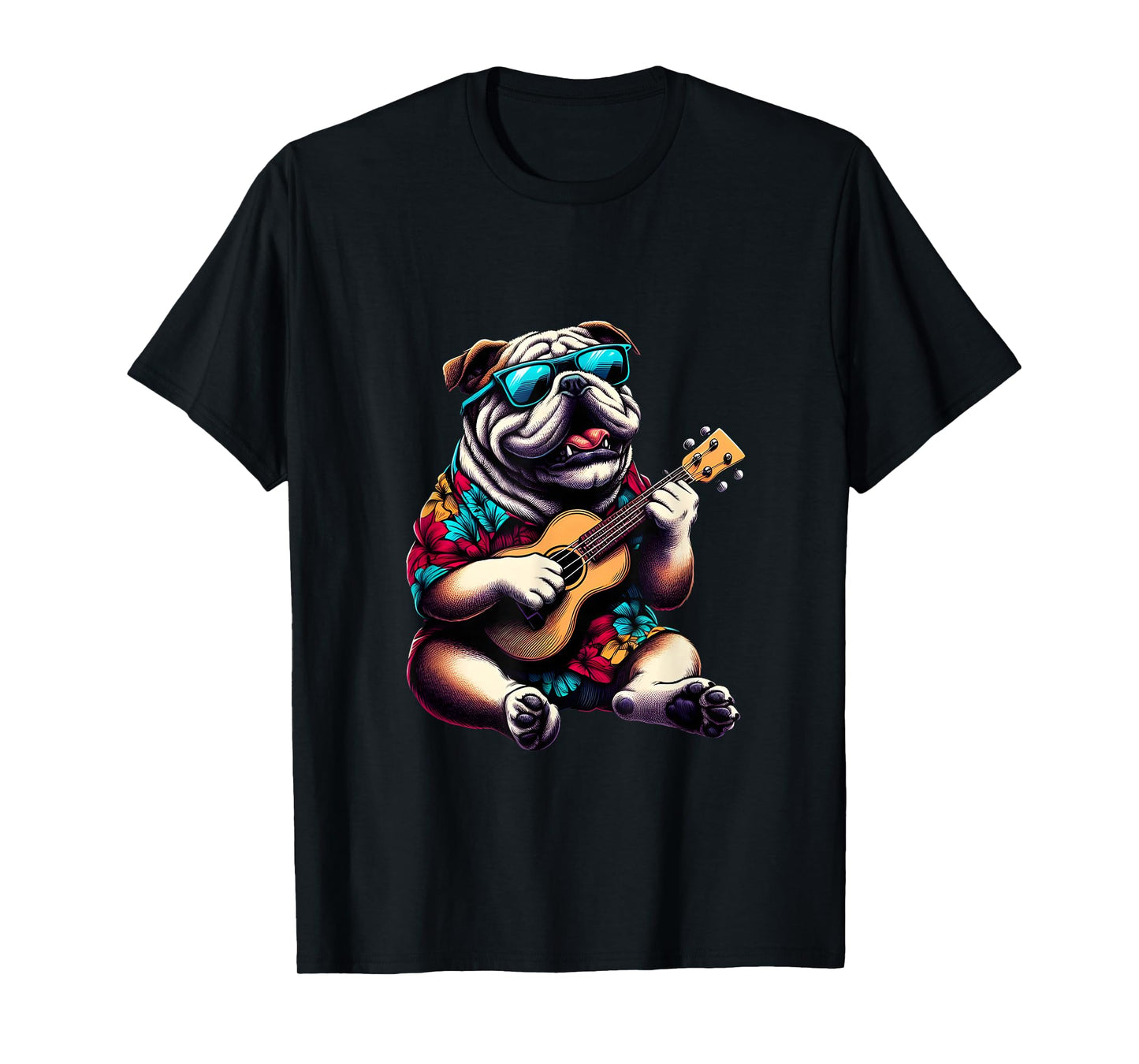 Bulldog Wearing a Hawaiian Shirt, Playing a Ukulele T-Shirt for Men Women Kids