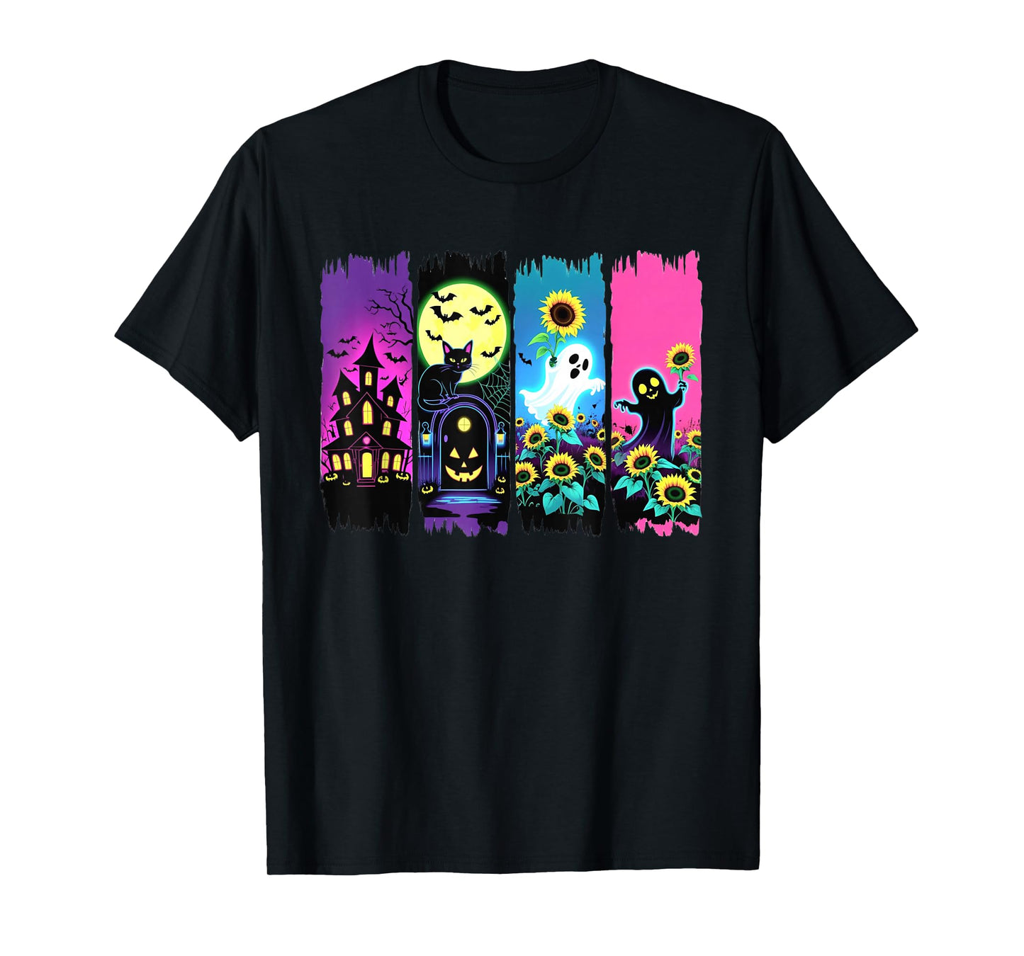 Colorful Halloween Ghosts and Sunflowers Brushstroke Design T-Shirt
