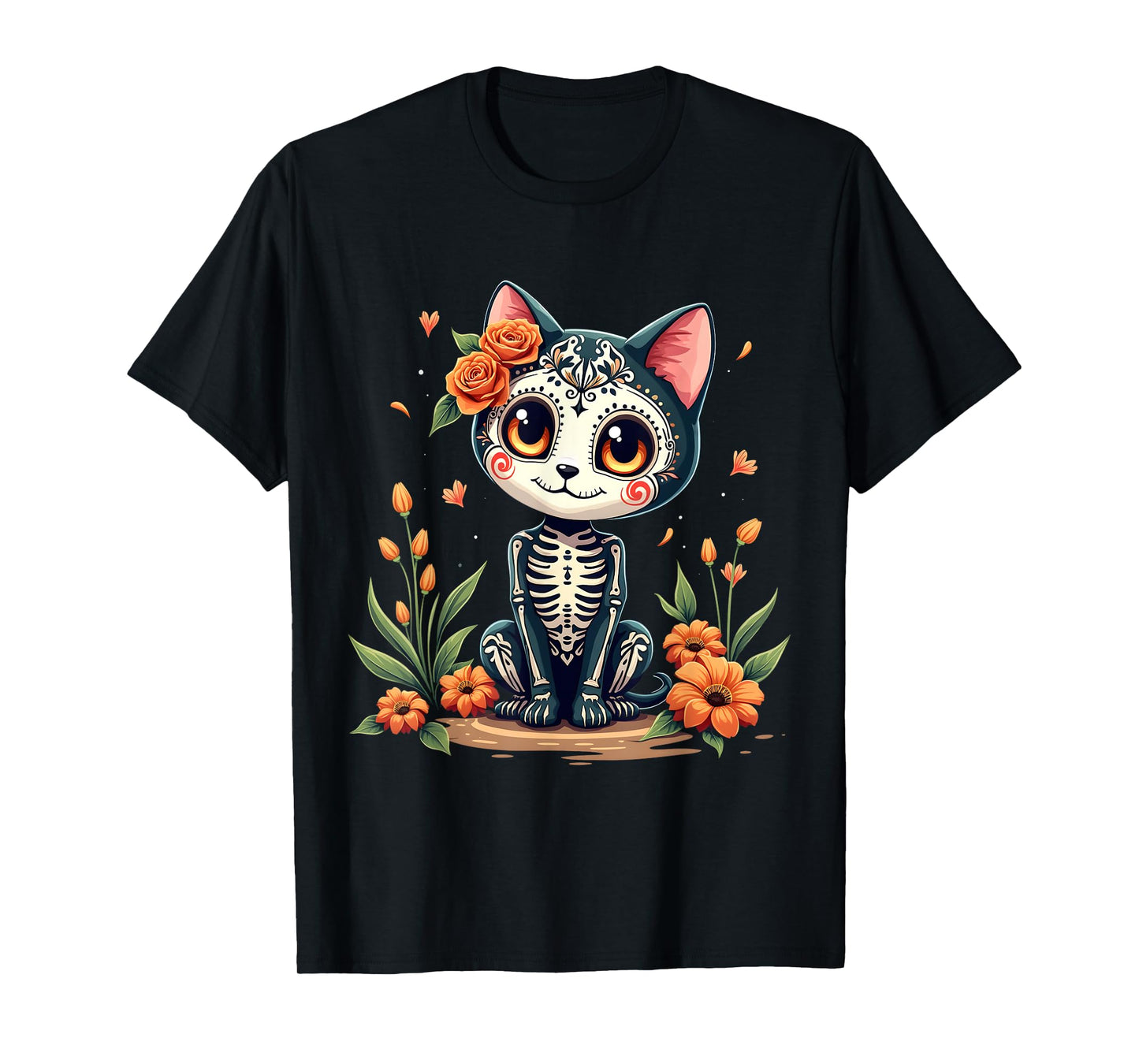 Colorful Sugar Skull Cat Tee Mexican Halloween T-Shirt for Men Women Kids