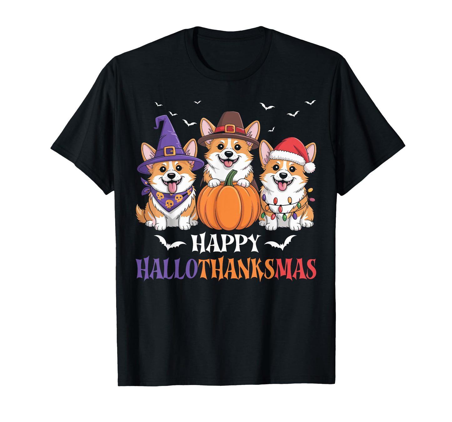 Happy Hallothanksmas Corgi Dogs Halloween Christmas Pumpkin T-Shirt