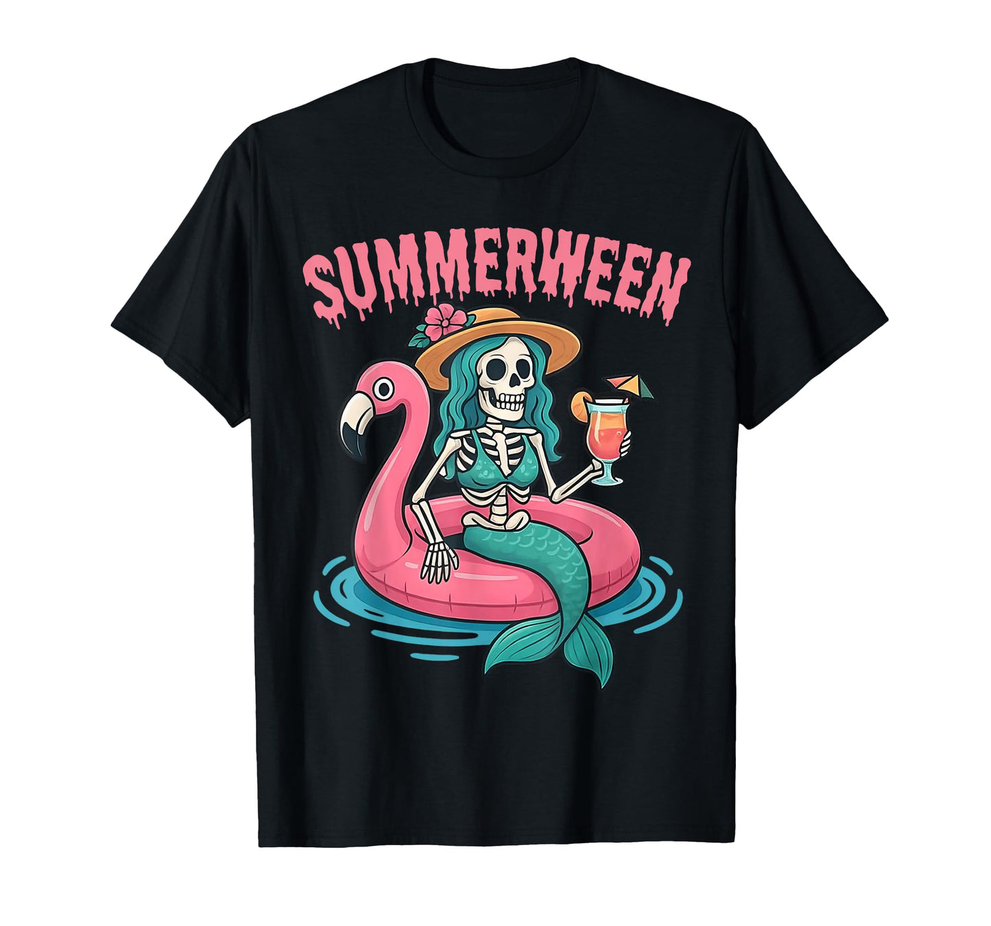 Summerween Mermaid Skeleton Beach Flamingo Halloween Girl T-Shirt