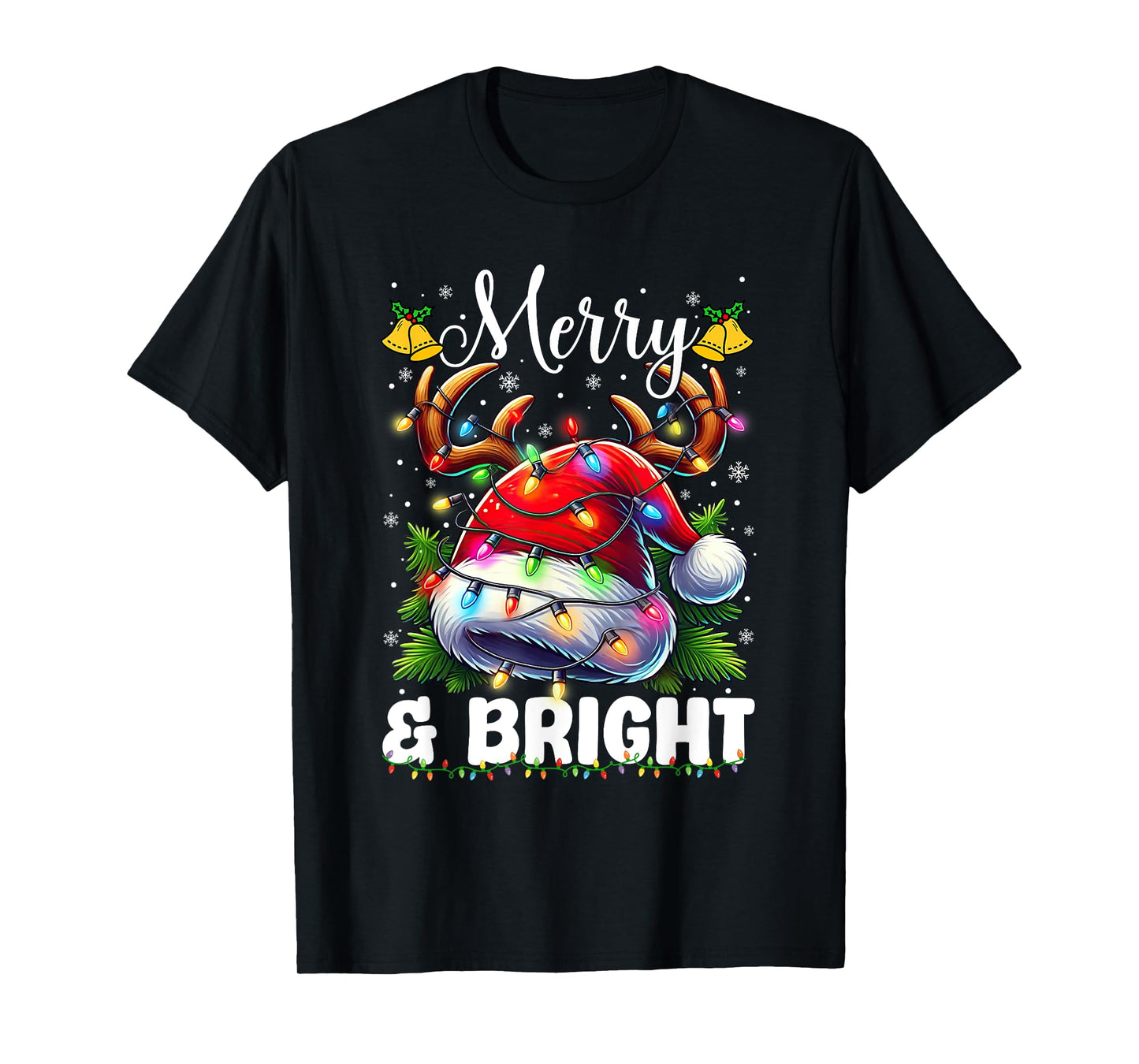 Merry and Bright Light Christmas Red Santa Hat Reindeer Xmas T-Shirt