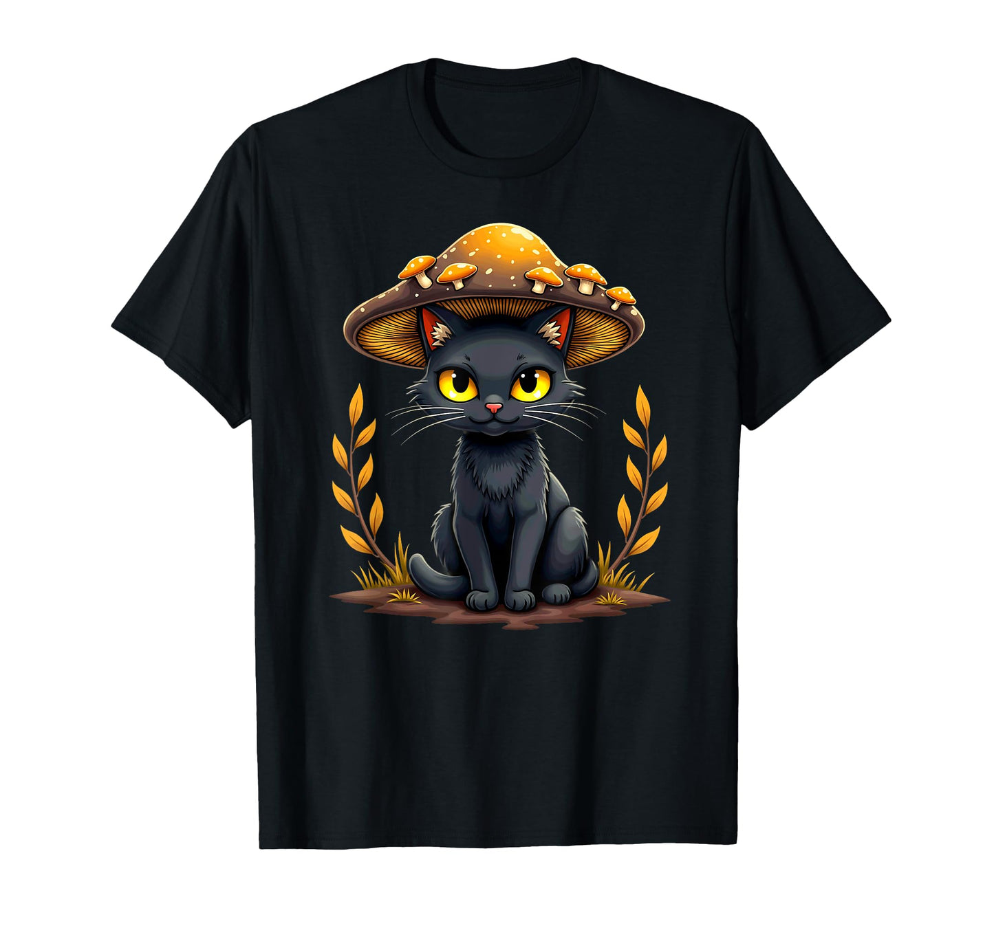 Creepy Black Cat With Mushroom Hat Halloween T-Shirt