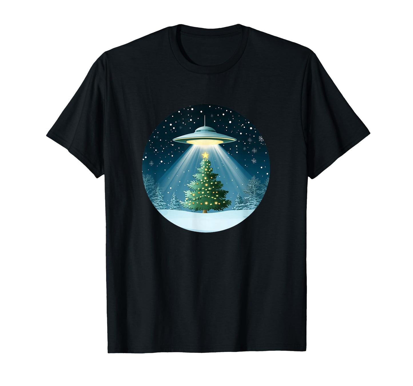 Christmas Tree Beamed by UFO for Interstellar Holiday Joy T-Shirt