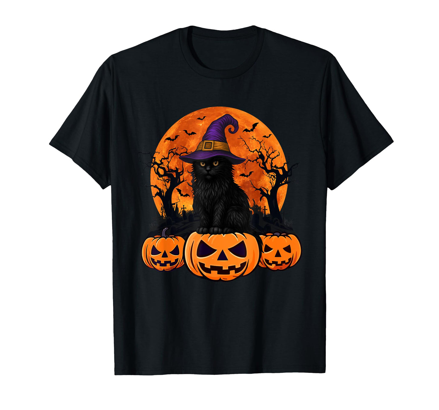 Vintage Scary Halloween Black Cat Costume Witch Hat And Moon T-Shirt for Men Women
