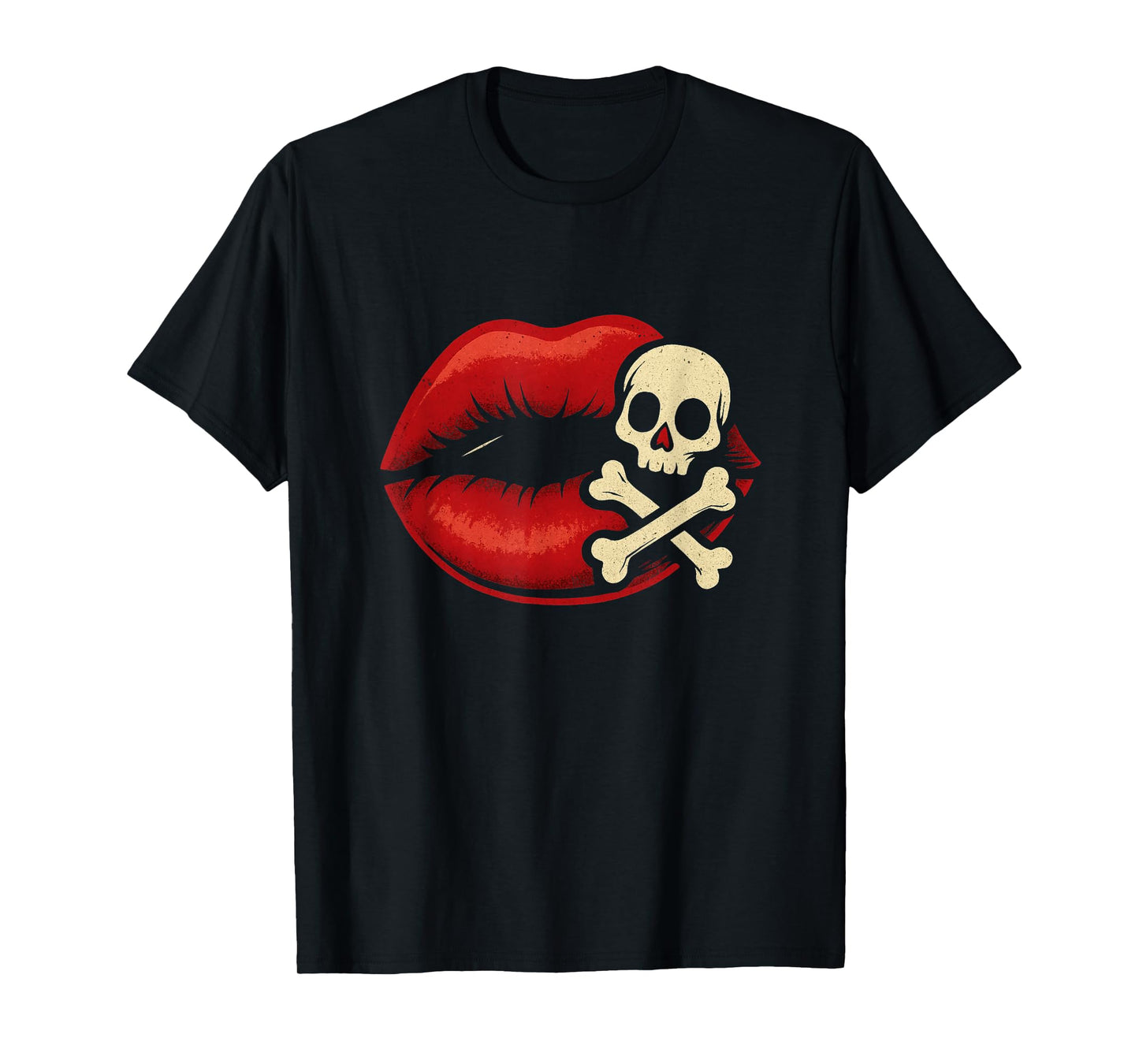 Red Lips Skull Crossbones Edgy Tattoo Style Poison Kiss T-Shirt