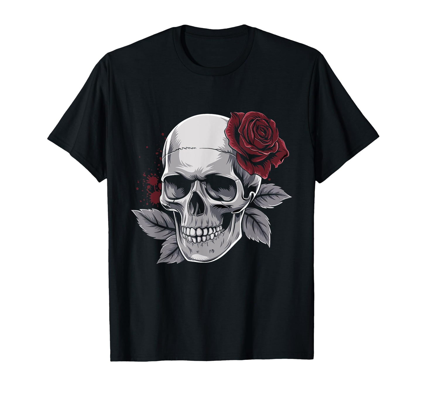 Rose Skeleton Skull Hand with Red Flower Design T-Shirt
