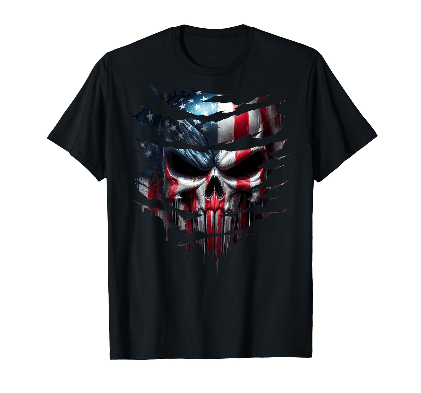American Skull Patriotic Flag USA Grunge Style Graphic T-Shirt for Women Men