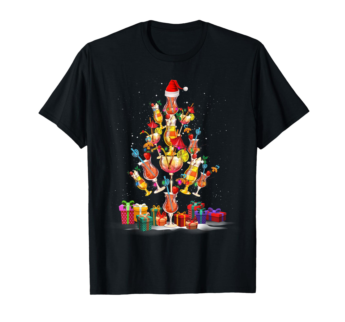 Cocktail Glasses Santa Hat Christmas Tree Drinks Xmas Pajama T-Shirt