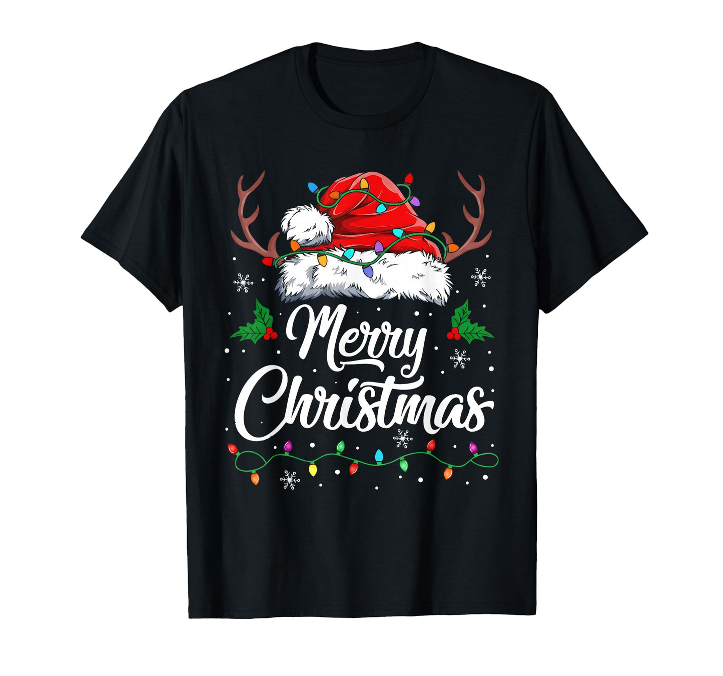 Merry Christmas Lights Red Santa Hat Xmas Family Men Women T-Shirt