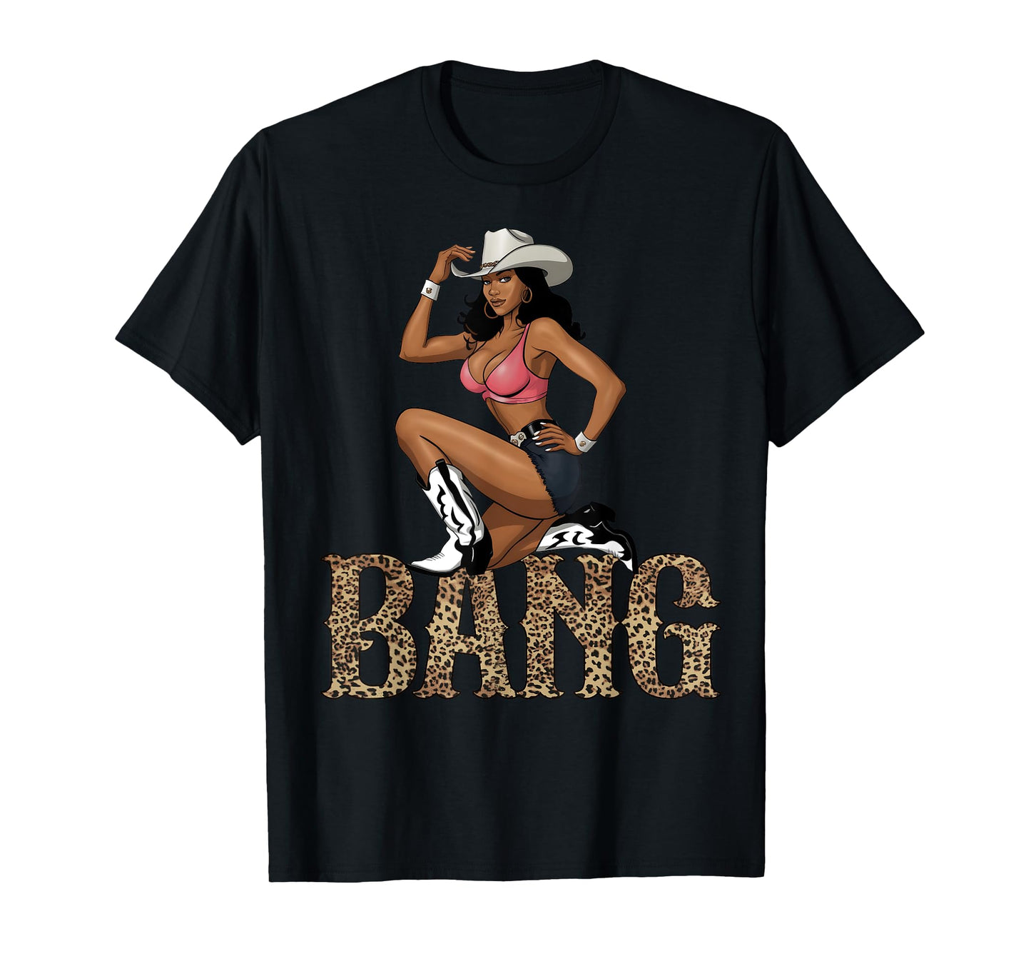 Black Cowgirl Western Cowboy Rodeo Bang Leopard Print T-Shirt