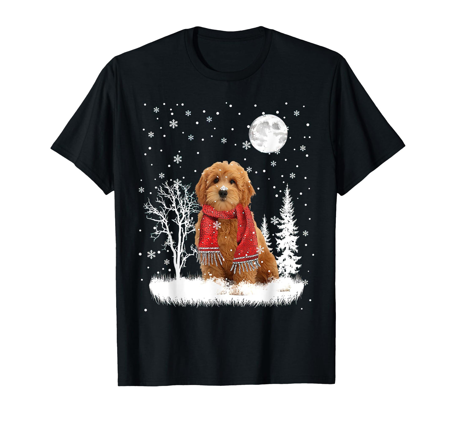 Goldendoodle Under Moonlight Snow Christmas Pajama T-Shirt