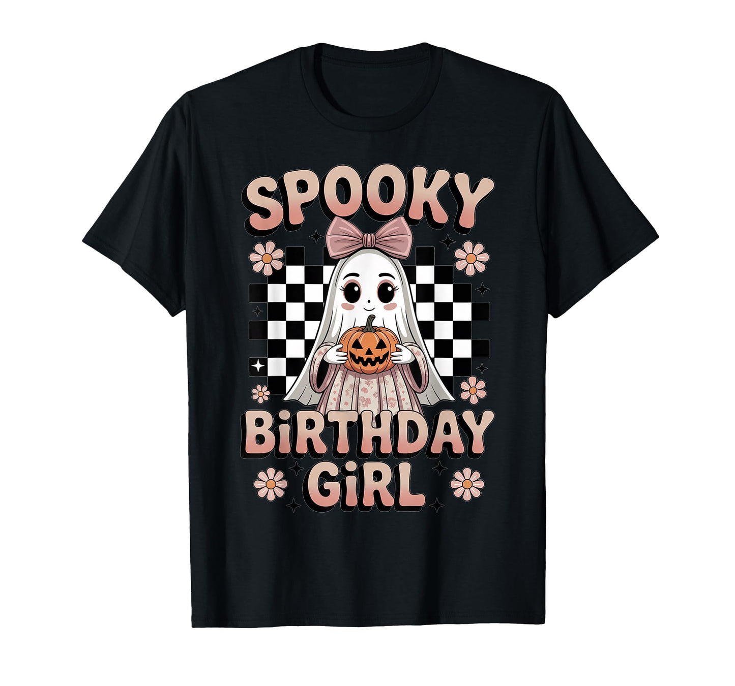 Halloween Birthday Girl Ghost Bow Pumpkin Checkered Spooky T-Shirt