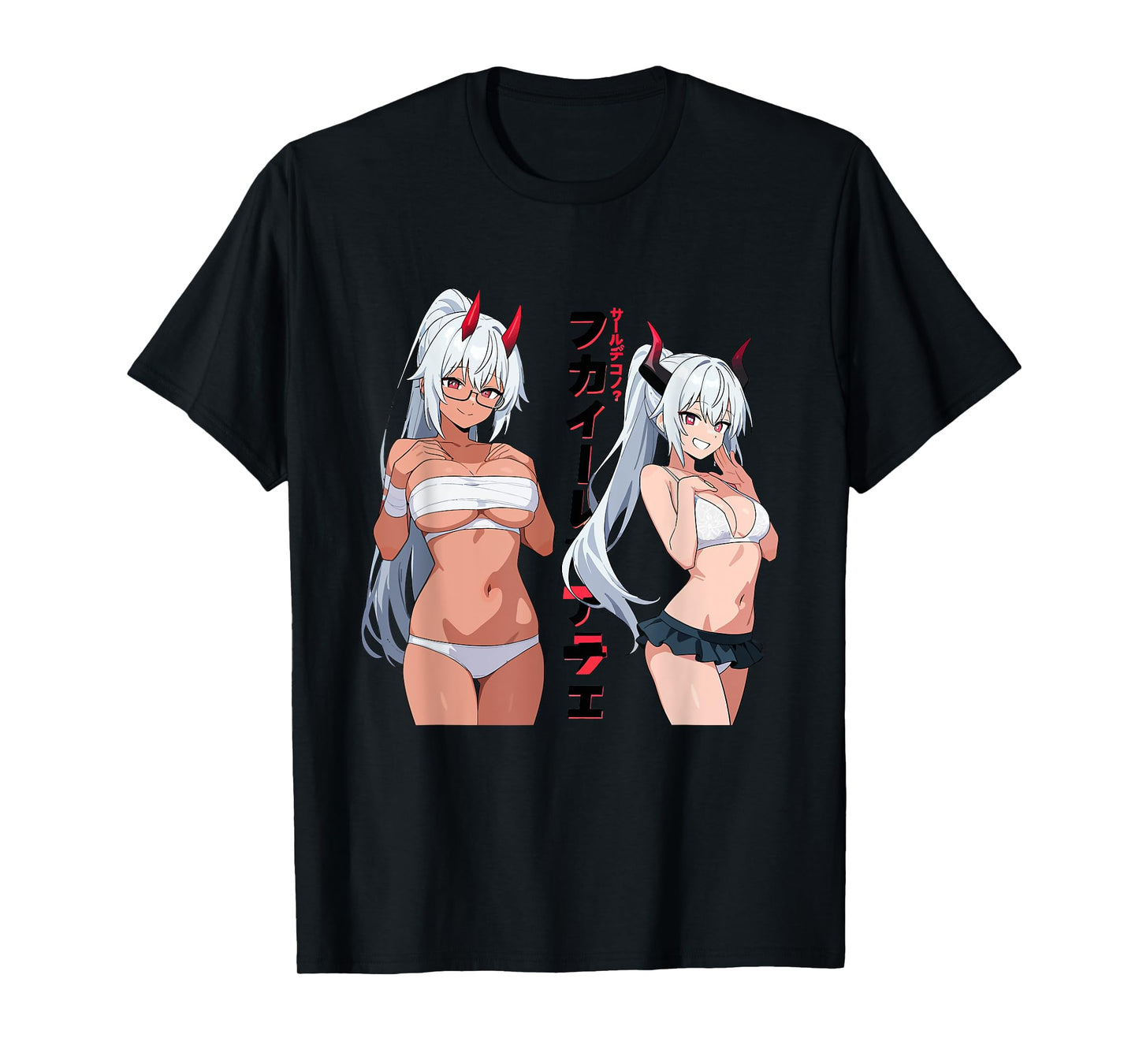 Waifu Sexy Anime Girl Horns Bandage Bra Japanese Manga Style T-Shirt