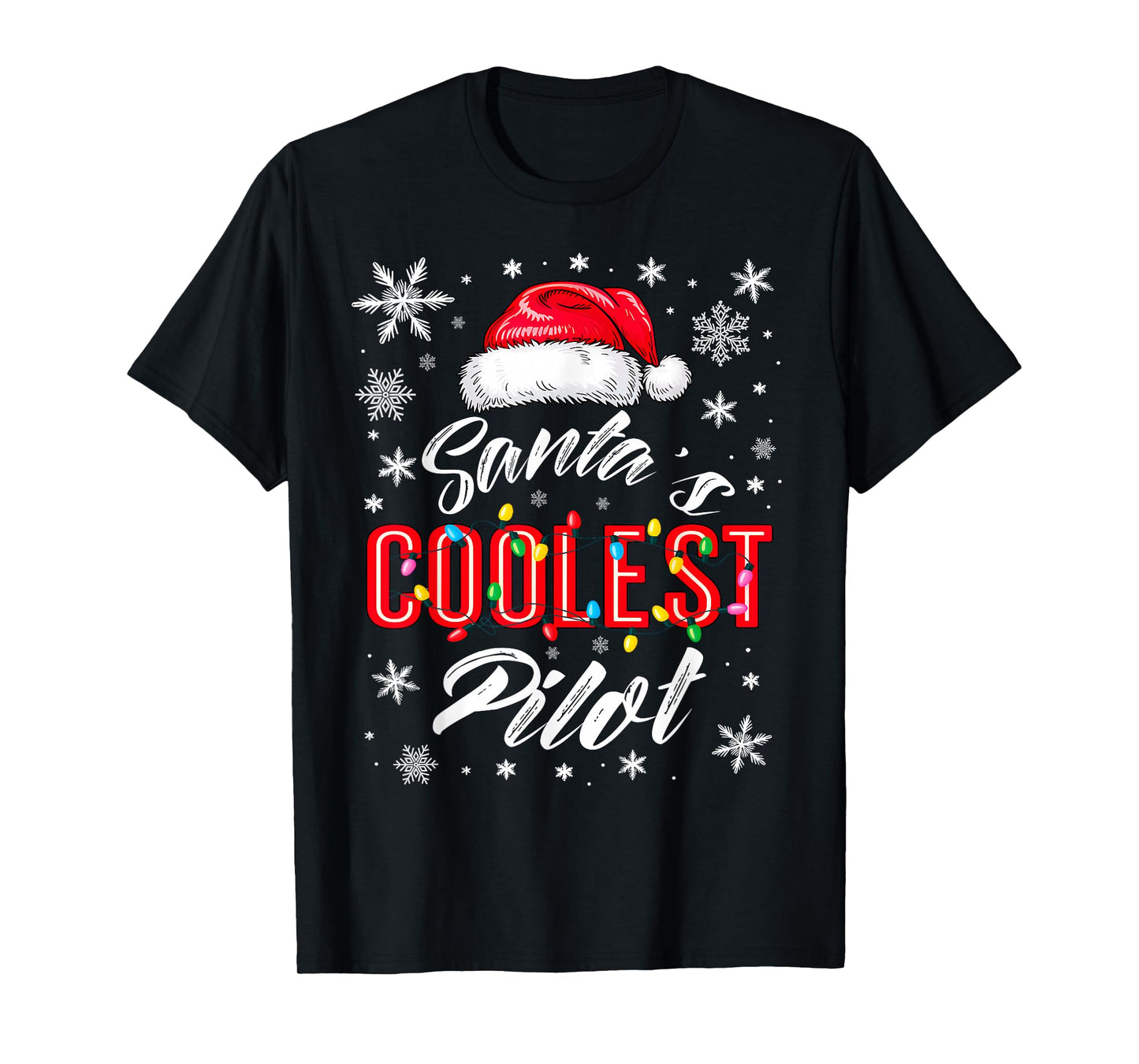 Santa's Coolest Pilot Christmas Lights Snowflake Flight Crew T-Shirt