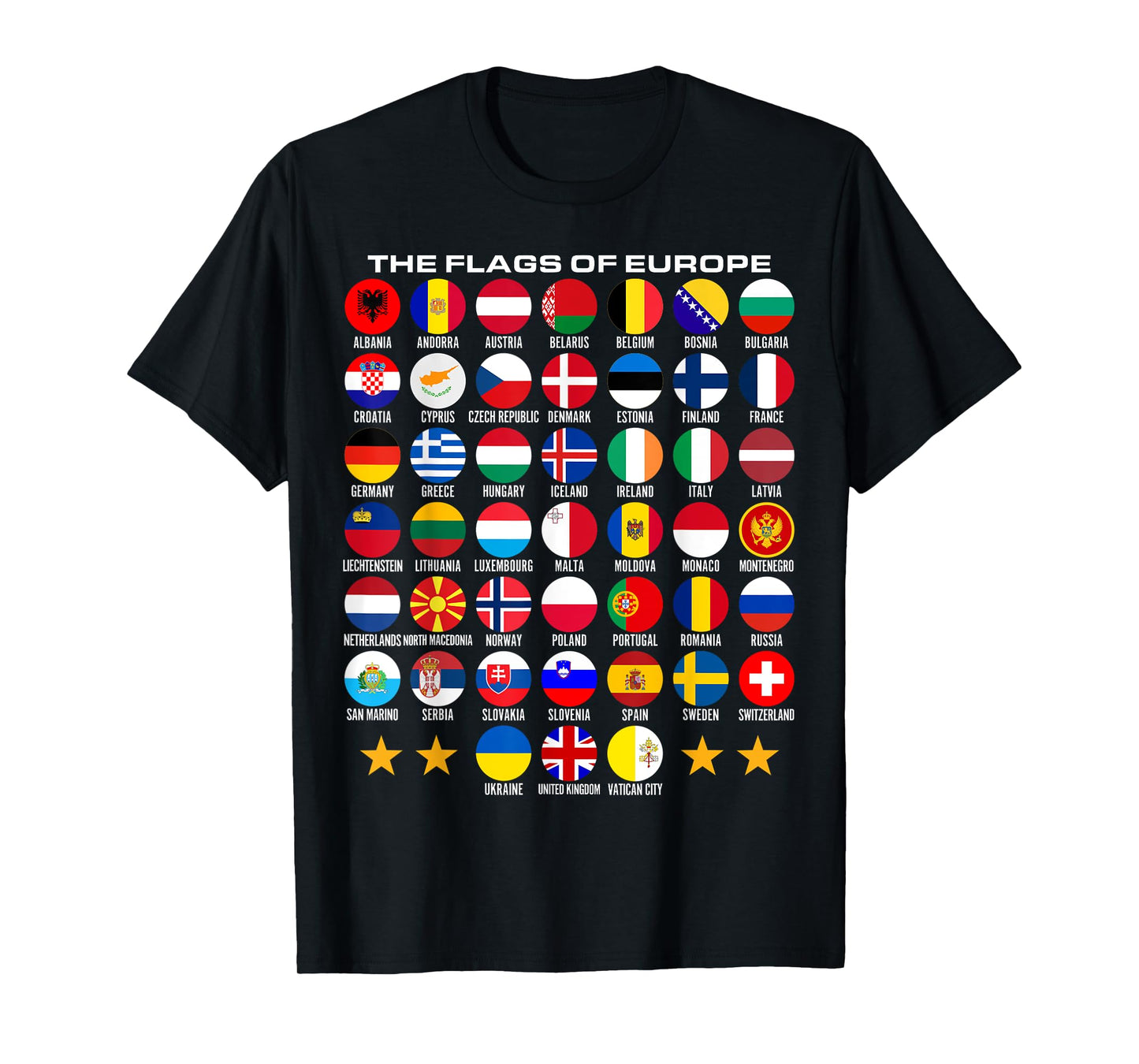 Flags of Europe 45 Countries Flags of European Geography T-Shirt