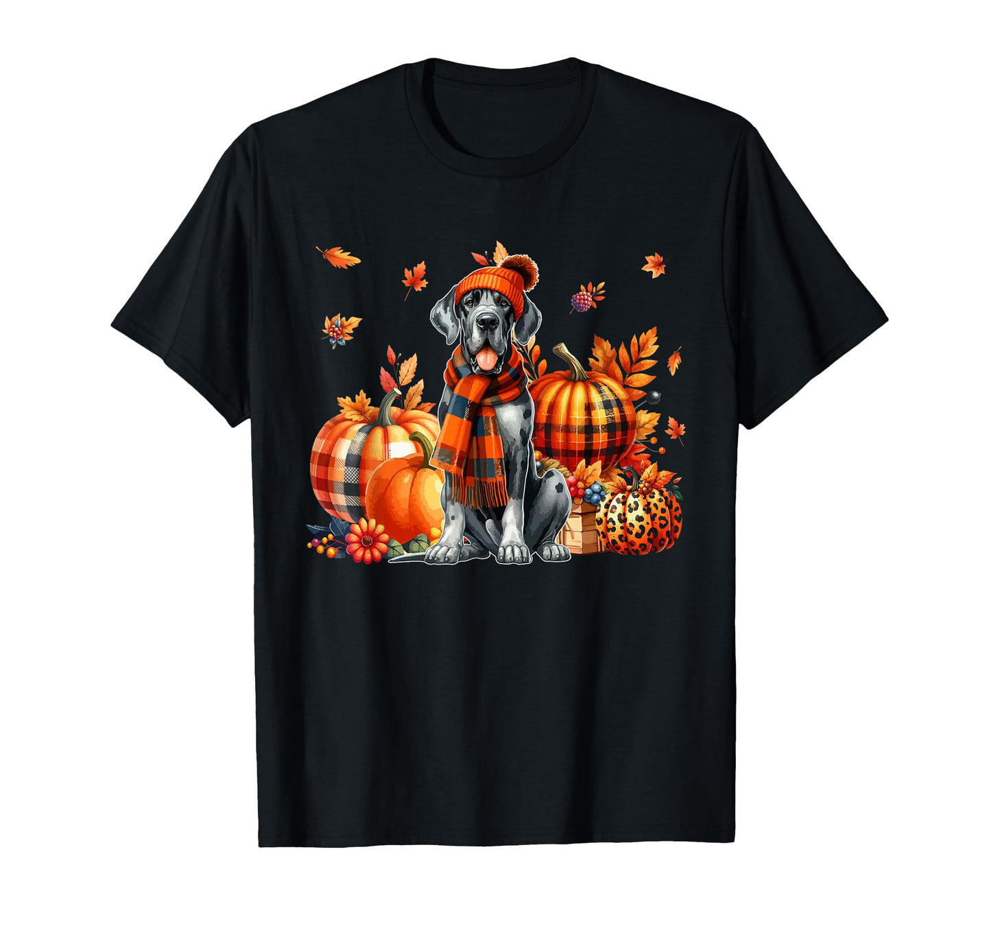 Great Dane Thanksgiving Leopard Pumpkins Fall Leaves Lover T-Shirt