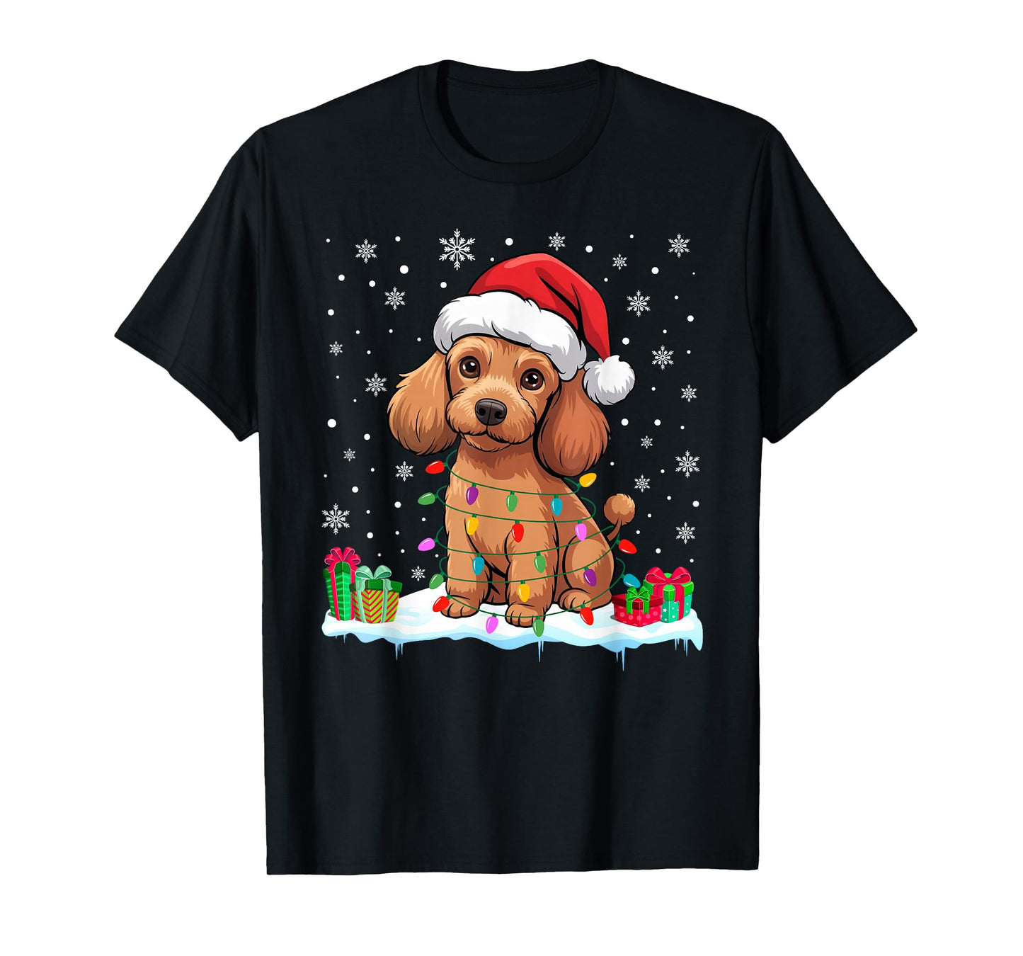Poodle Dog Christmas Lights Decor Funny Santa Hat Ugly Xmas T-Shirt